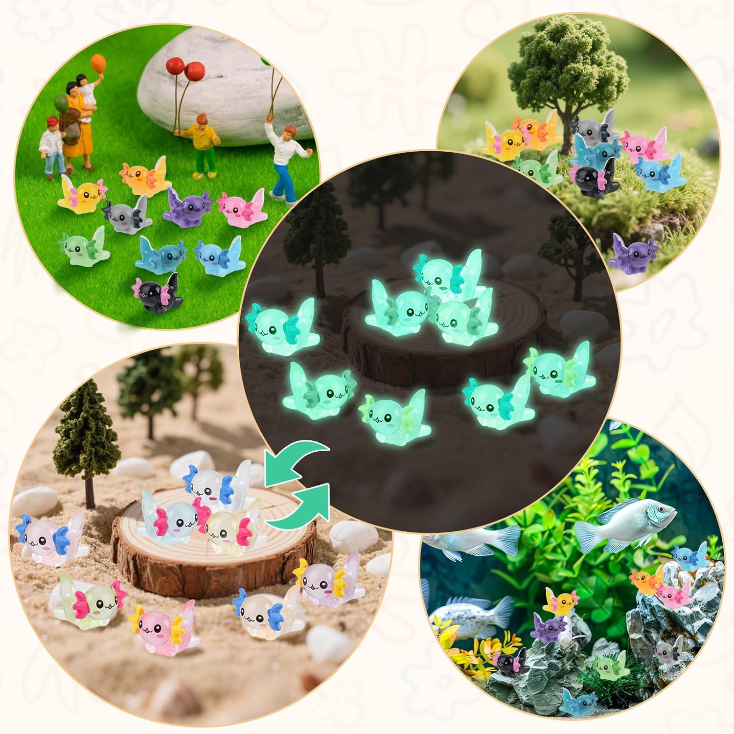 BuQiuRen 34pcs Mini Resin Axolotl, Glow in The Dark Tiny Axolotl Miniature Figures Toy Tiny Plastic Animal Figurines for Fairy Garden Landscape Aquarium Potted Birthday Christmas Party Decorations