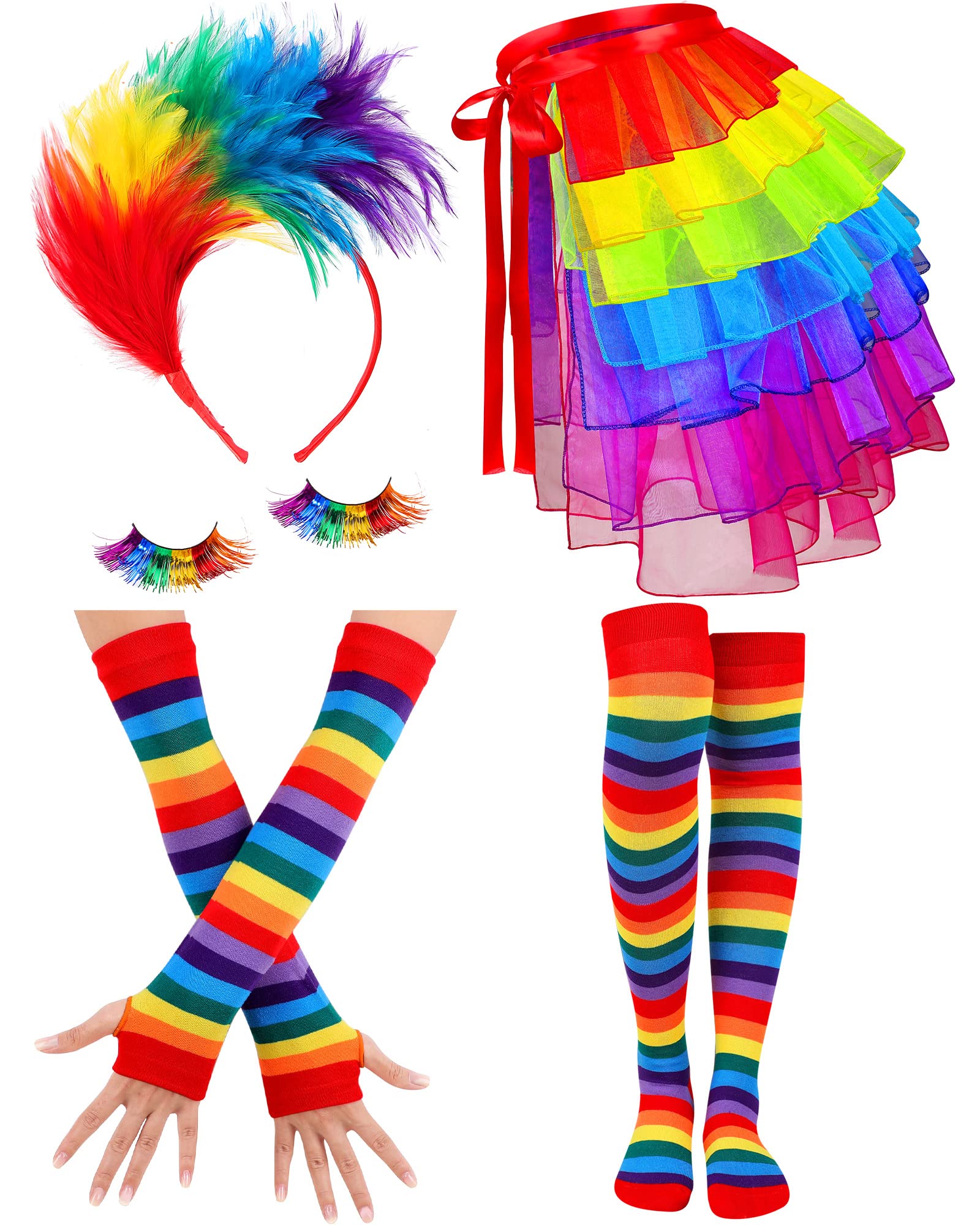 5 Pcs Rainbow Costume Set, Mini Tutu Skirt Petticoat Rainbow Striped Knees High Socks Arm Warmer Fingerless Gloves Tinsel Rainbow Eyelashes Feather Fascinator Headbands for Halloween Cosplay Party