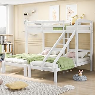 Merax Triple Bunk Bed, Three Sleepers, 3ft Single Bed Frame for Kids/Children/Teenagers, 2 Beds of 90X190, 1 Bed of 90X200, Solid Pine Wood, White(Without mattress)