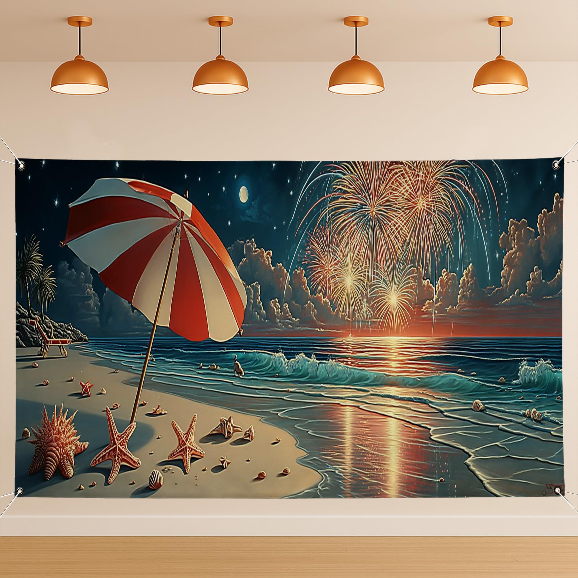 Beach Umbrella Seaside Fireworks Backdrop, Vintage Ocean Party Decor, Summer Beach Photography Background for Outdoor Celebration 71x43 Inch