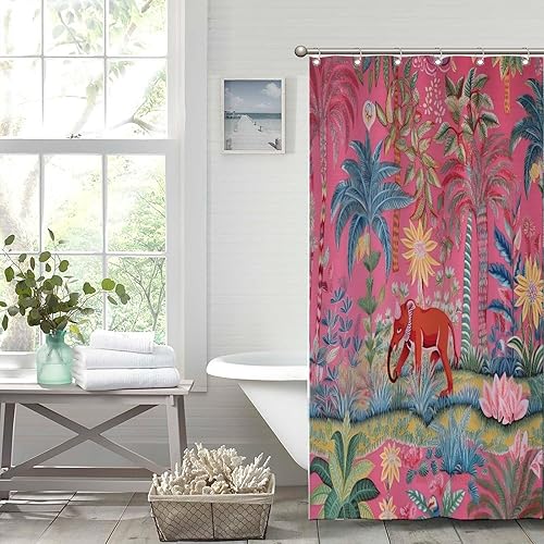 Miniatura 608 de Cortinas de ducha de baño con ganchos, 72 x 92 pulgadas, cortina de ducha de tela impermeable con diseño de flores y pájaros, cortina de ducha