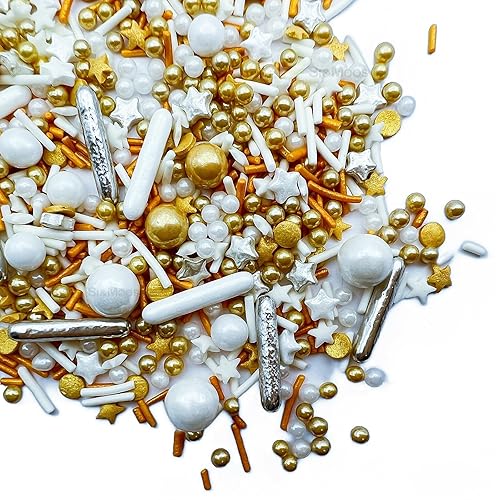 Miniatura 4 de SE Si&Moos Gránulos dorados y blancos de 4.6 onzas, perlas comestibles doradas y blancas, decoración de galletas de Navidad, estrellas pequeñas para