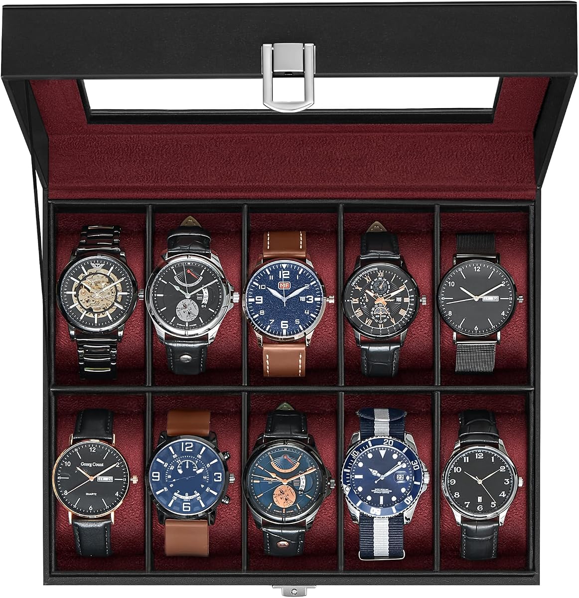 SONGMICS Caja para Relojes, Organizador de Caja para Relojes con 10 Ranuras con Tapa de Vidrio Grande, Almohadas Extraíbles, Regalo para Sus Seres Queridos, Cuero Sintético Negro, Forro Rojo Vino UJWB010R01