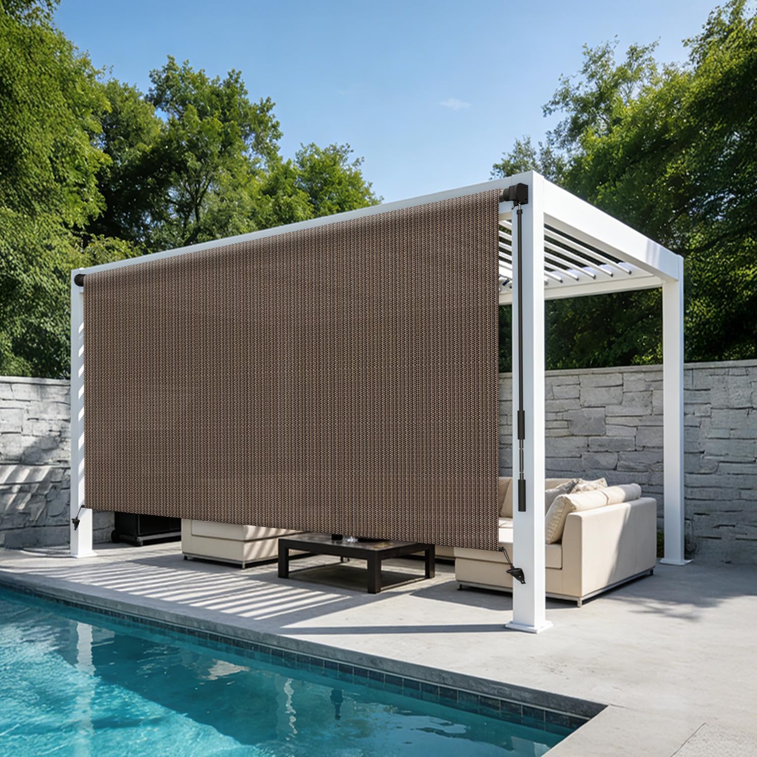 HENG FENG Outdoor Roller Shade 8' W x 6' H with Splicing Design Cordless Exterior Patio Shades with Wand for Porch & Gazebo, UV Block & Weather Resistant,Mocha