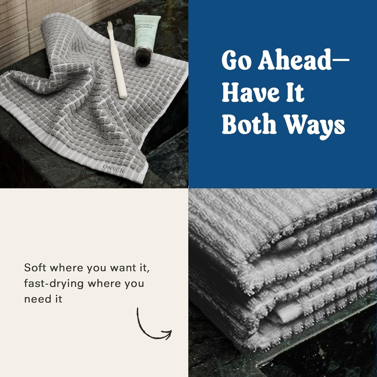 ONSEN Terry Cotton Waffle Hand Towel Set – 2 Pack Luxury Cotton Hand Towels, Quick Dry & Absorbent Bathroom Towels – Soft, Lightweight, Durable Towels for Bathroom Essentials (Grey Fog, 20x30 in)