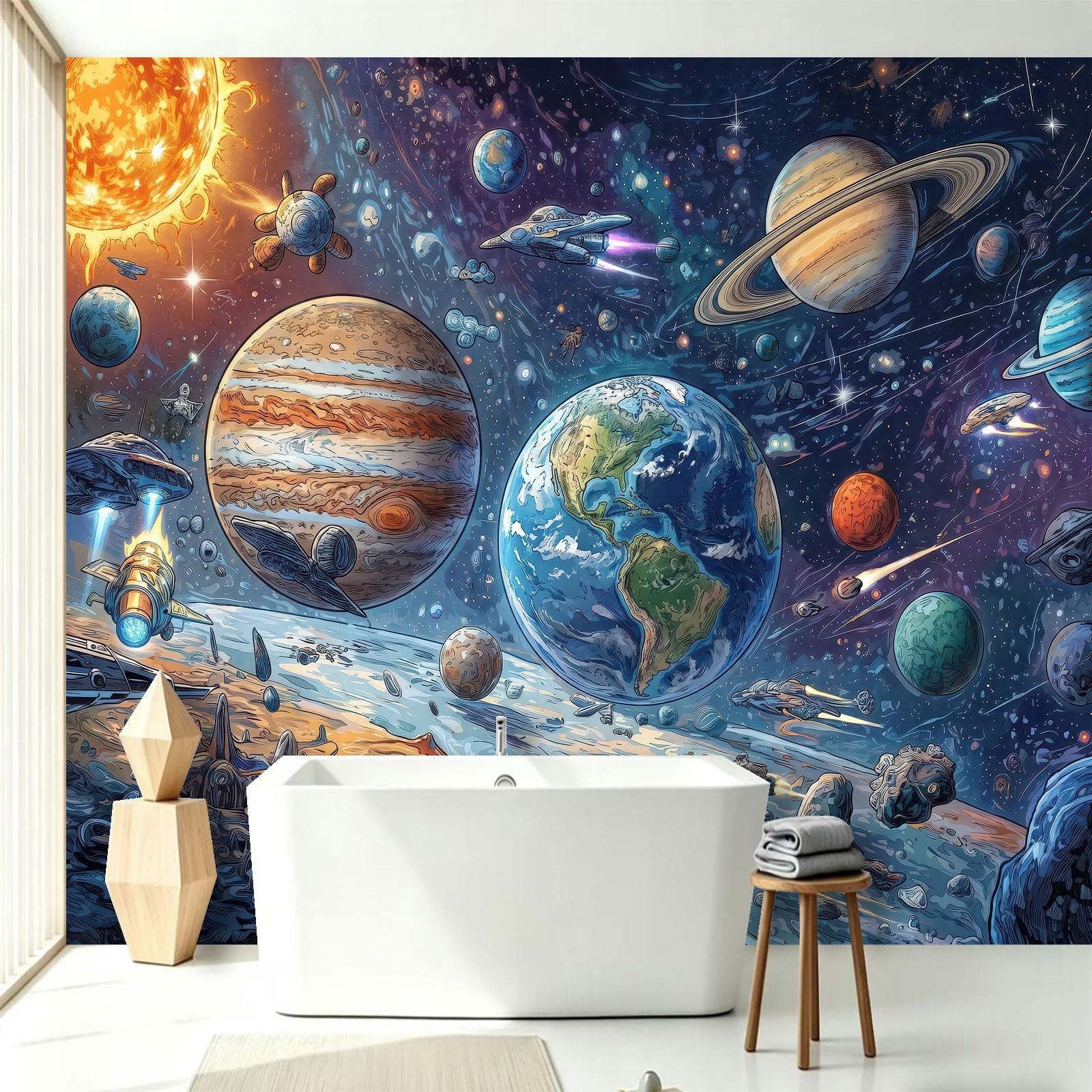 Kosmiczne gwiazdy tapeta statek kosmiczny - wszechświat kreskówka wzór fototapeta - murale ścienne do salonu, sypialni, pokoju dziecięcego i kuchni, fototapeta i dekoracja wnętrz, 250 x 175 cm (szer