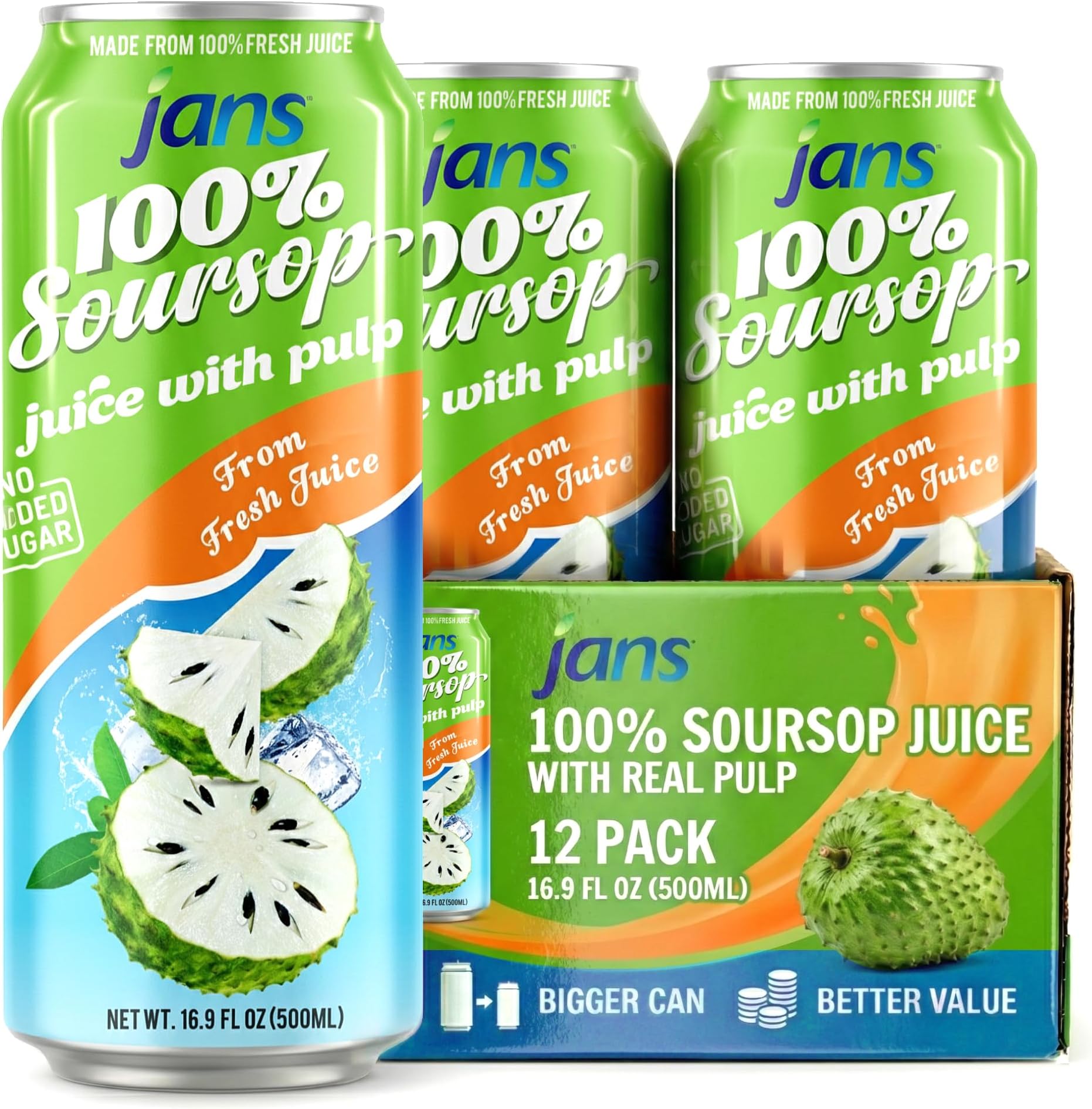 100% Soursop Juice with Pulp (16.9 oz, Pack of 12) NO Sugar Added, Pure Guanabana Graviola Fresh from Juice, Not From Concentrate