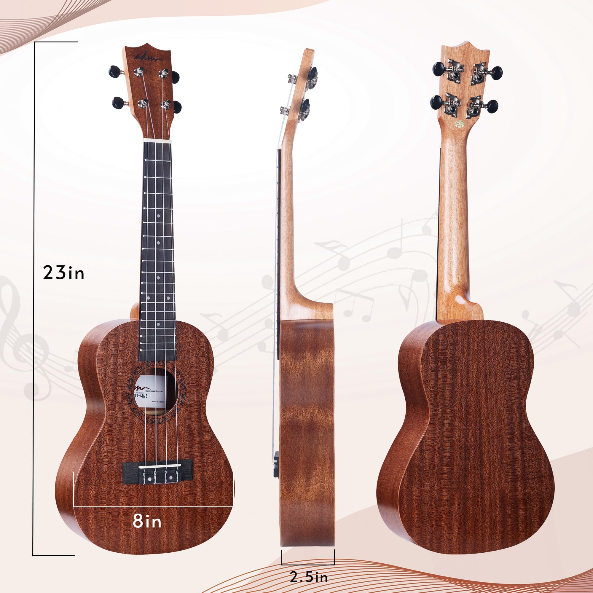 ADM Ukulele-Anfänger-Set, Mahagoni-Hawaii-Holz, Ukulelee-Set mit Ukulele, Starterunterricht für Kinder, Studenten und Erwachsene, Gelbbraun (Khaki, 58,4 cm)