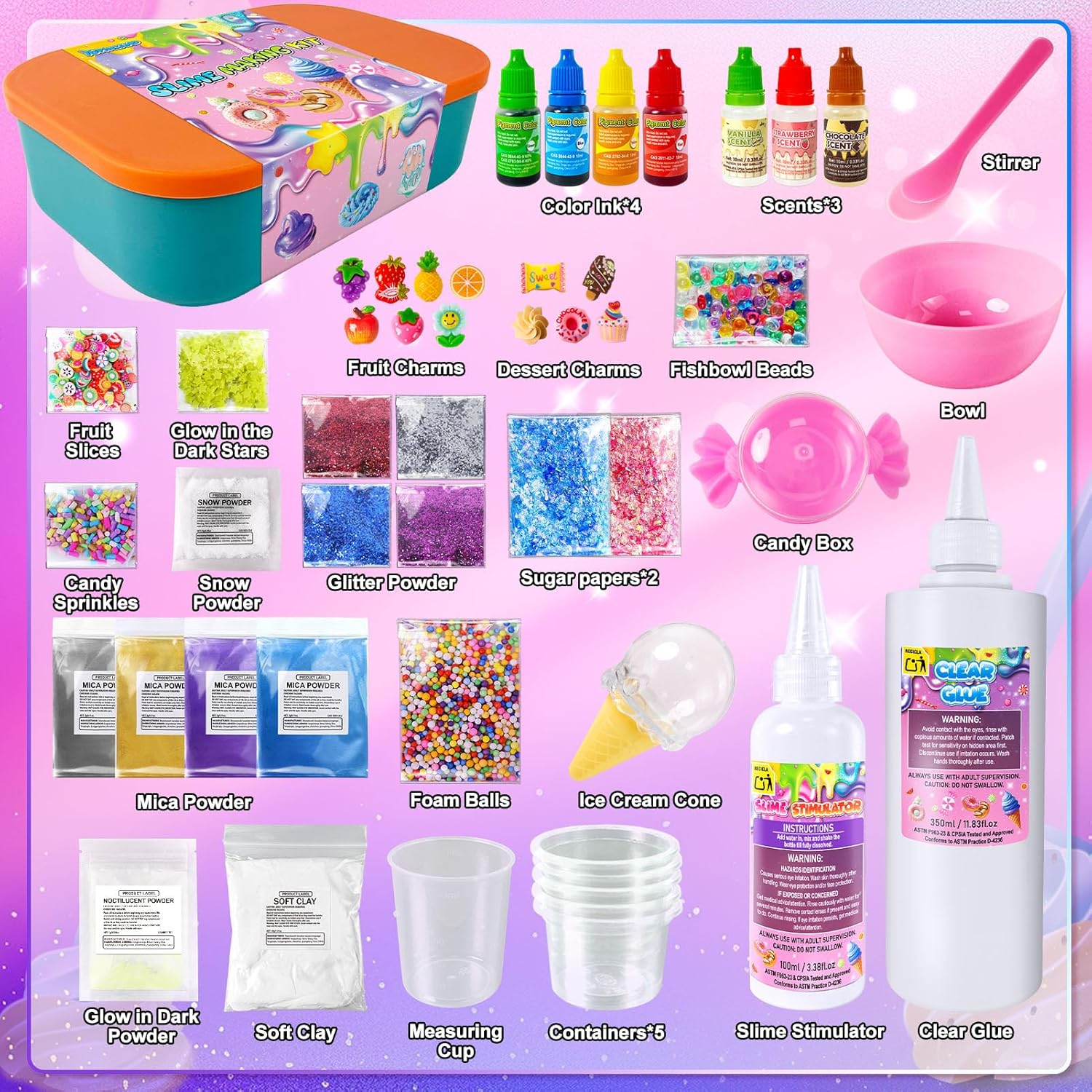 DIY Slime Kit for Girls, Galaxy & Glow in The Dark Slime Making Kit for Kids 3-12, Glimmer Crunchy, Butter & Cloud Slime Kit with Add-ins, Foam Balls, Charms, Glitters, Gift Toys for Boys Girls