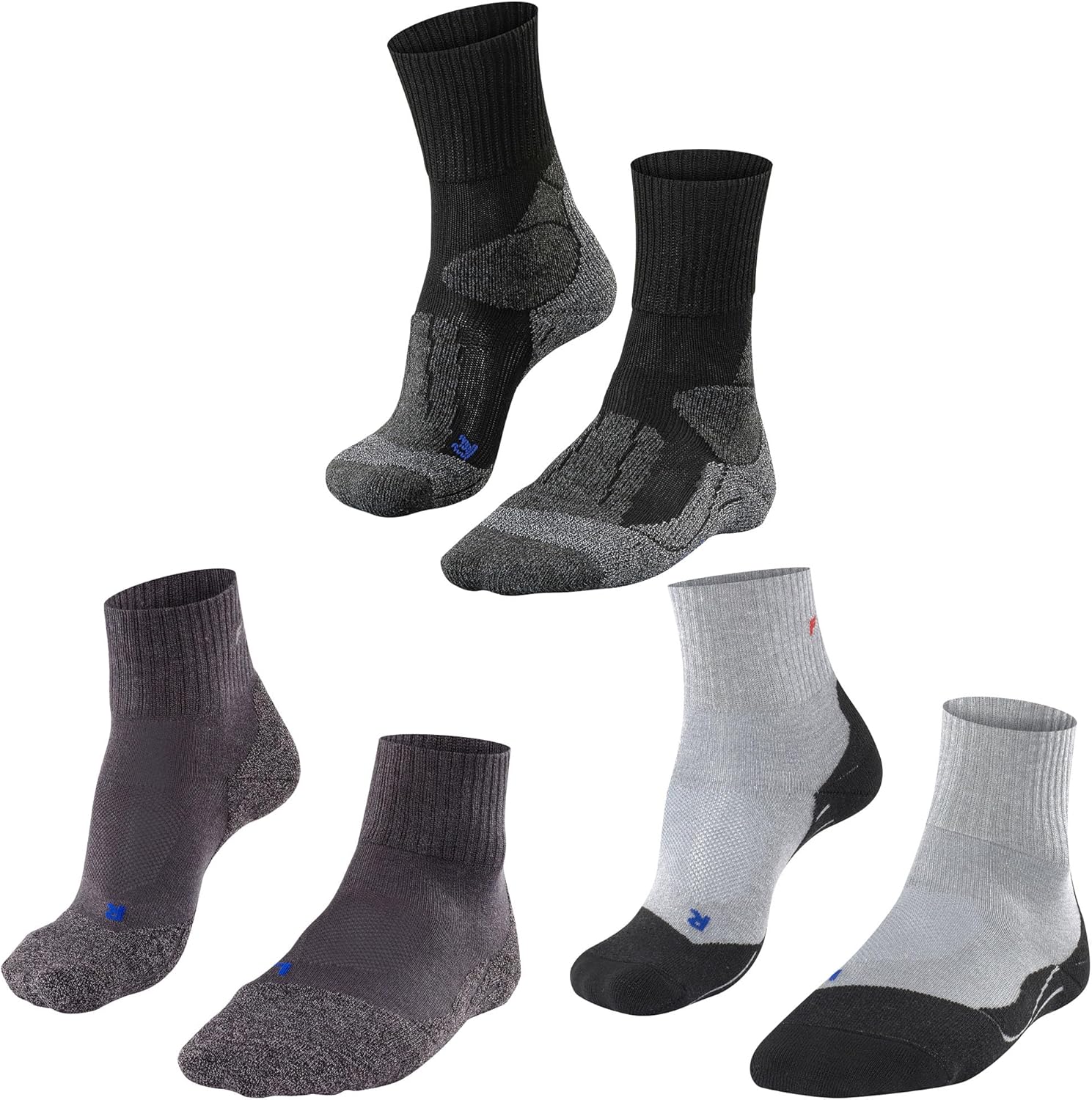 FALKE Size 6.5-8.5 Men's Hiking Socks Bundle: TK1 Cool Mid Calf & TK2 Explore Cool Short in Grey and Black
