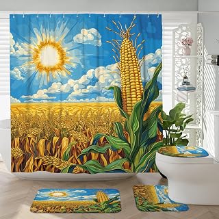 4PCS Fall Corn Field Harvest Bathroom Sets, Bath Accessory with Non-Slip Rug, U Shape and Toilet Lid Cover Mat, Oil Painting Autumn Field Crops Bathroom Decor-72''x72''