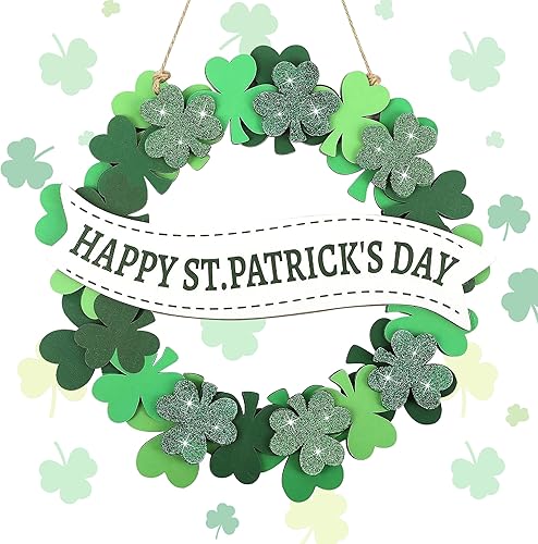 Miniatura 12 de Decoración de puerta del Día de San Patricio, trébol verde de granja, colgador de puerta de madera, corona de madera rústica de primavera, placa de