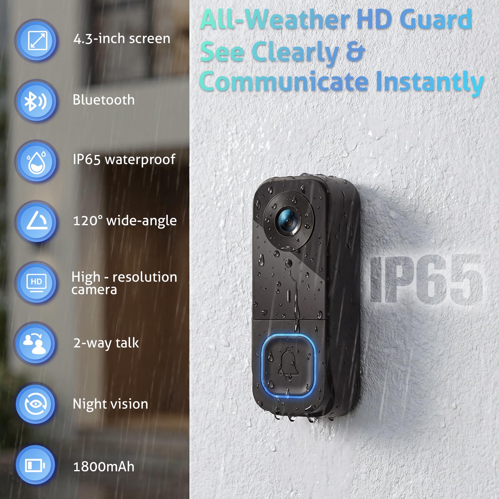 Timbre Video inalámbrico con Pantalla IPS 4.5" – Cámara Gran Angular 120°, Audio 2 vías, visión Nocturna IR, Memoria Local 128GB, emparejamiento 1 botón, IP65 para hogar