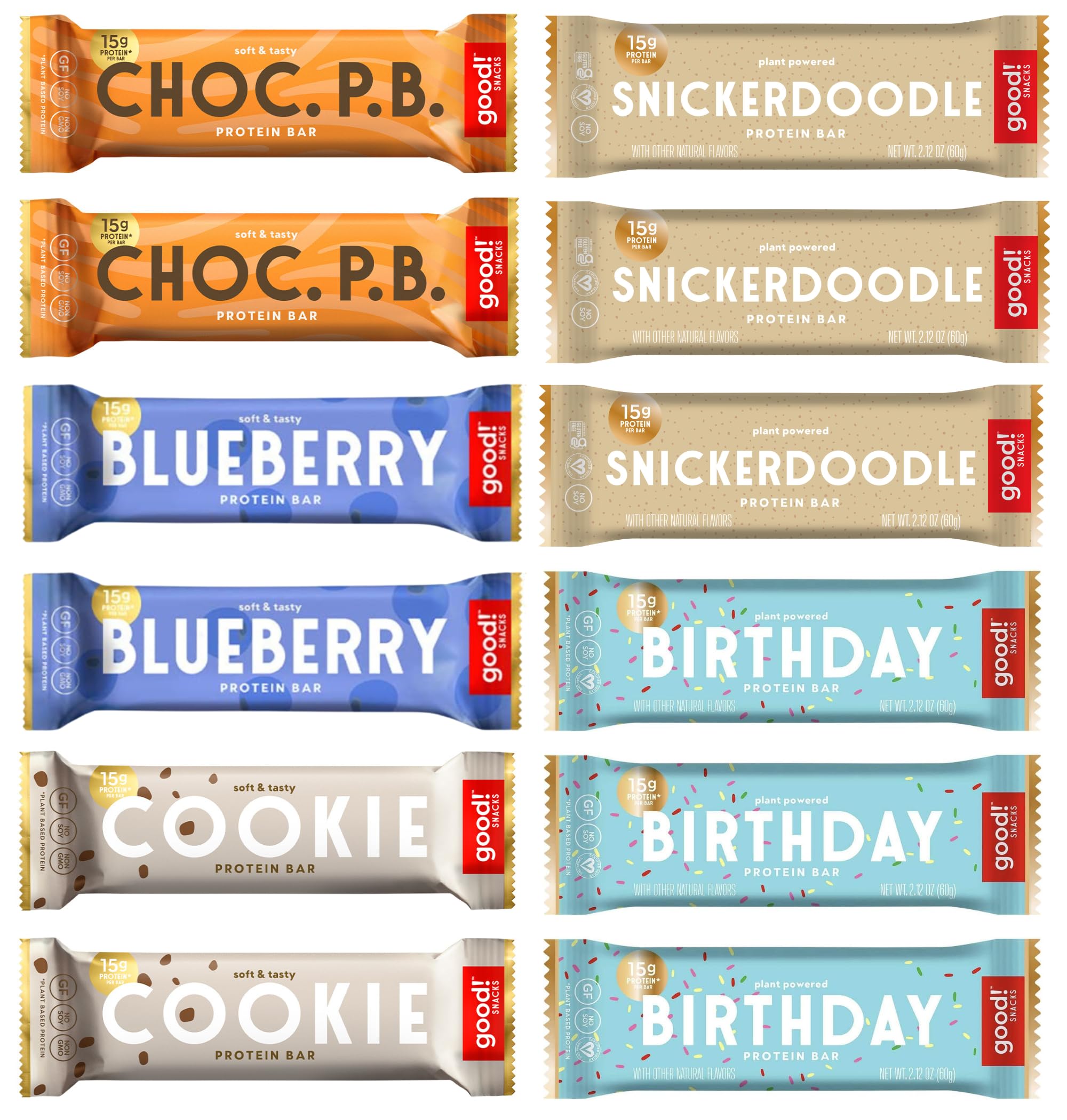 good! Snacks Vegan 6 Flavor Pack Protein Bars | Gluten-Free, Plant Based, Low Sugar, Kosher, Soy Free, Non GMO | 15g Protein (12 Bars)