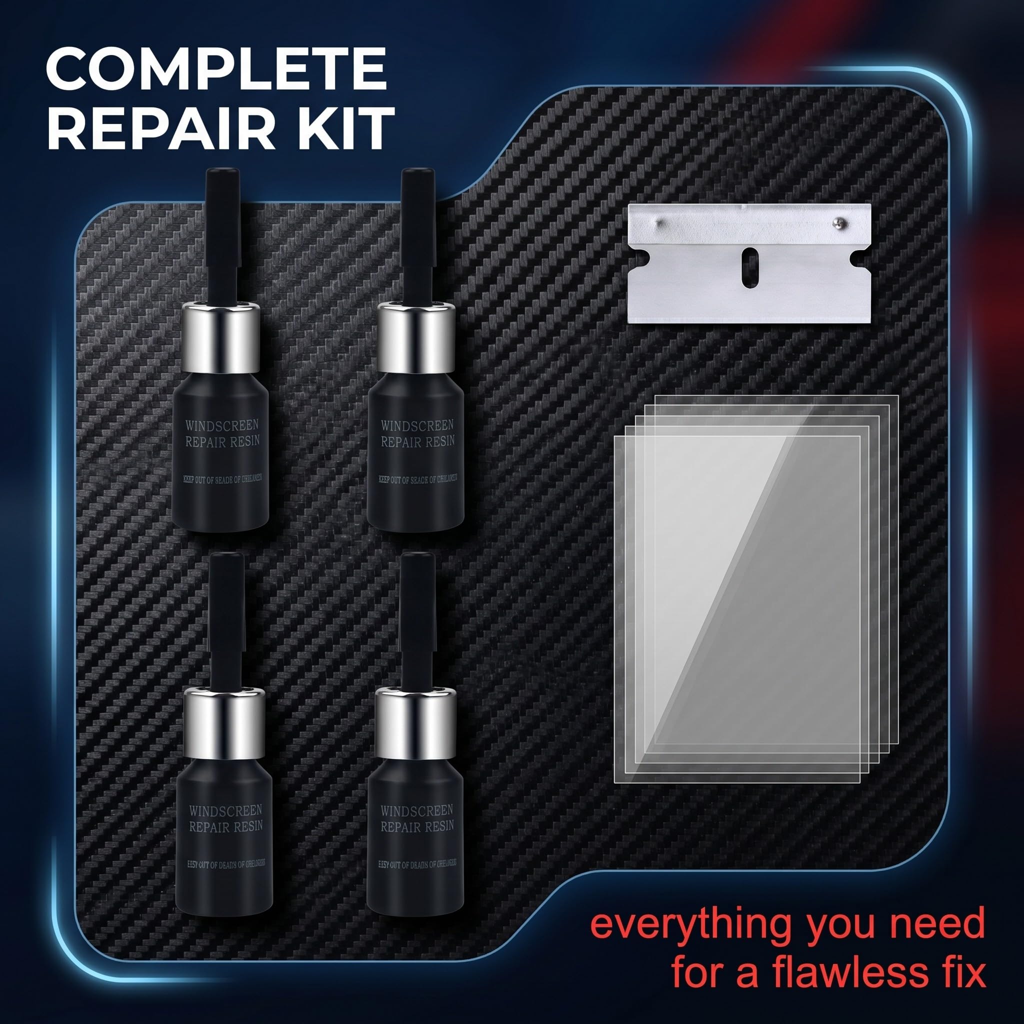 Kit Riparazione Parabrezza Auto, 4 Pezzi Liquido Ripara Vetro Auto per Scheggiature e Crepe, Resina per Riparazione Cristalli con Pellicola Indurente e Lamette, 4 x 3ml