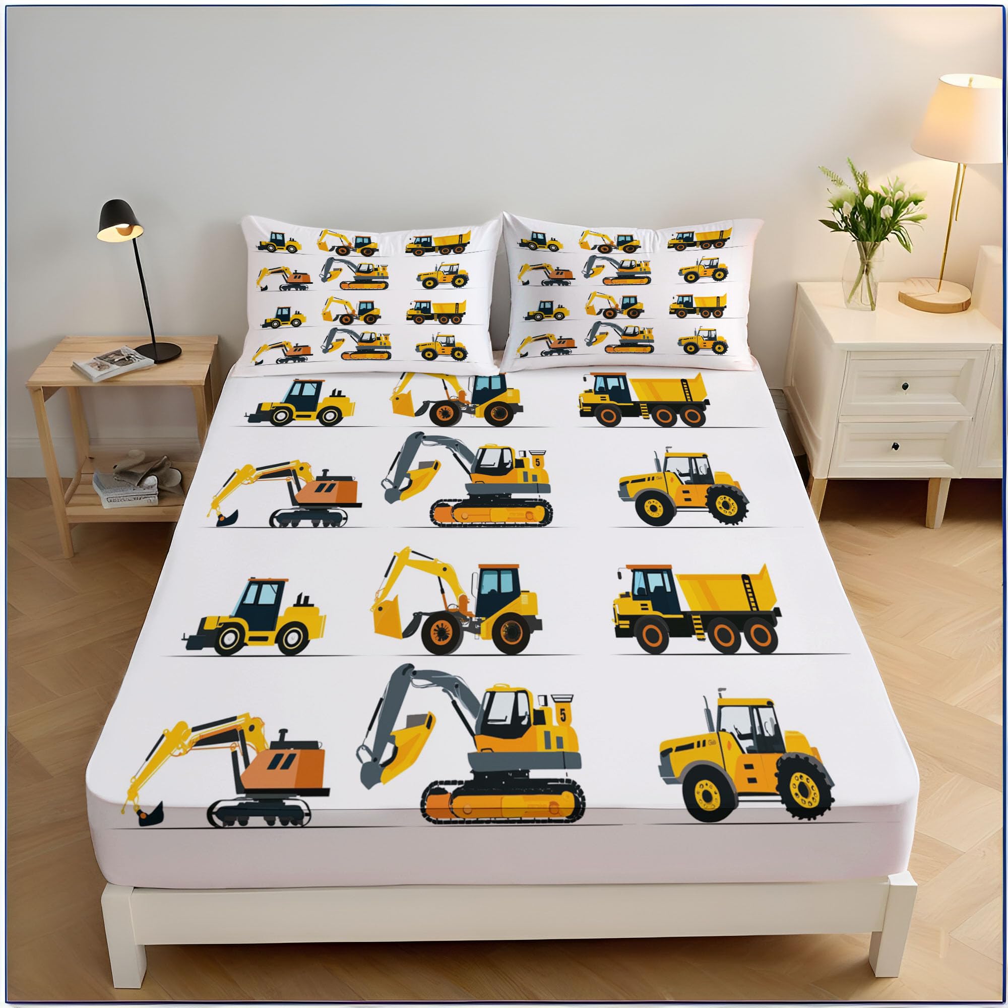 Drap housse 140x200 cm en microfibre jaune à motif machines de chantier pour lit enfant