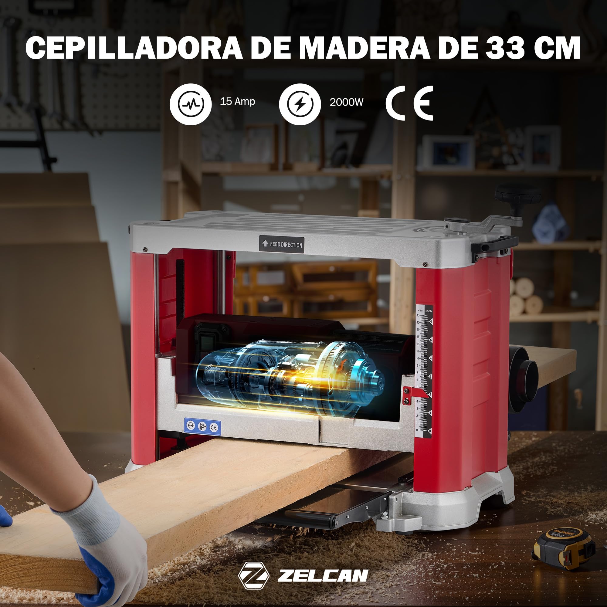 ZELCAN Cepilladora de Sobremesa para Madera 33 cm, 2000W, 2 Cuchillas, 20000 Cortes/min, Cepilladora Espesadora para Carpintería Profesional
