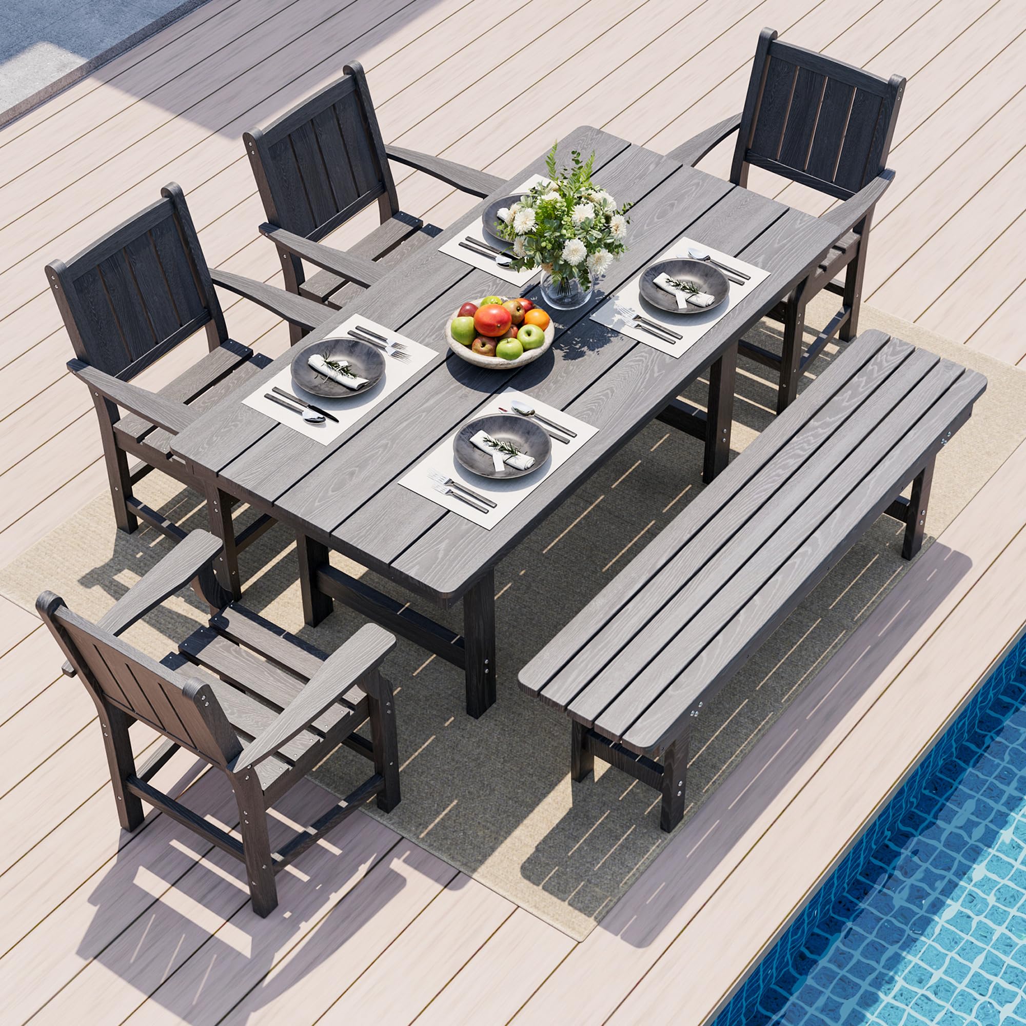 Pamapic 6 PCS Outdoor Dining Set, Spacious HDPE Outdoor Table with 4 Chairs and 1 Bench, Wood Grain Patio Furniture Sets with Elegant Armrest,