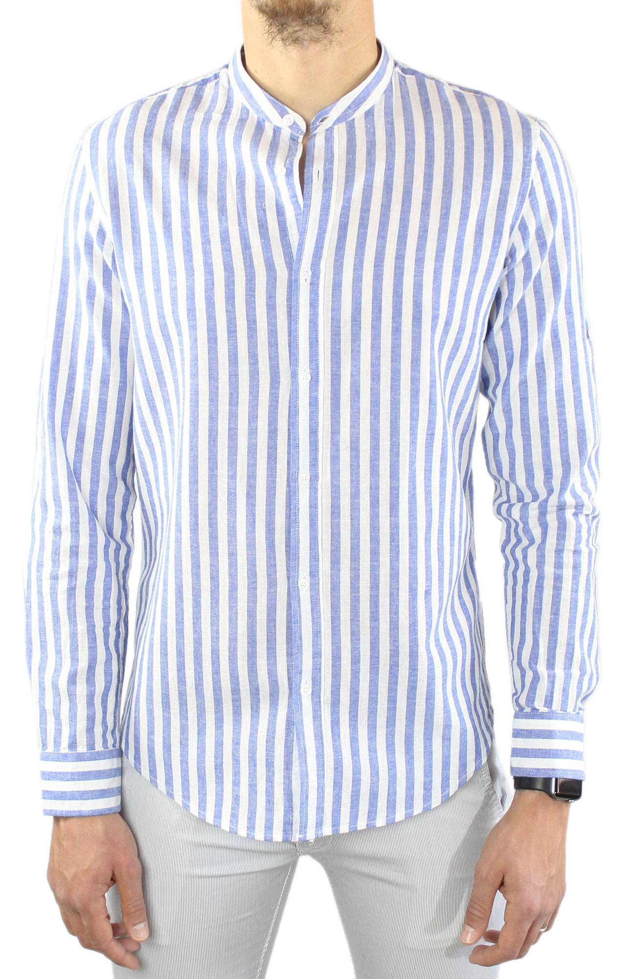 Camisa de lino para hombre Coreana a rayas celestes de 100 % lino Slim Fit elegante de manga larga a rayas