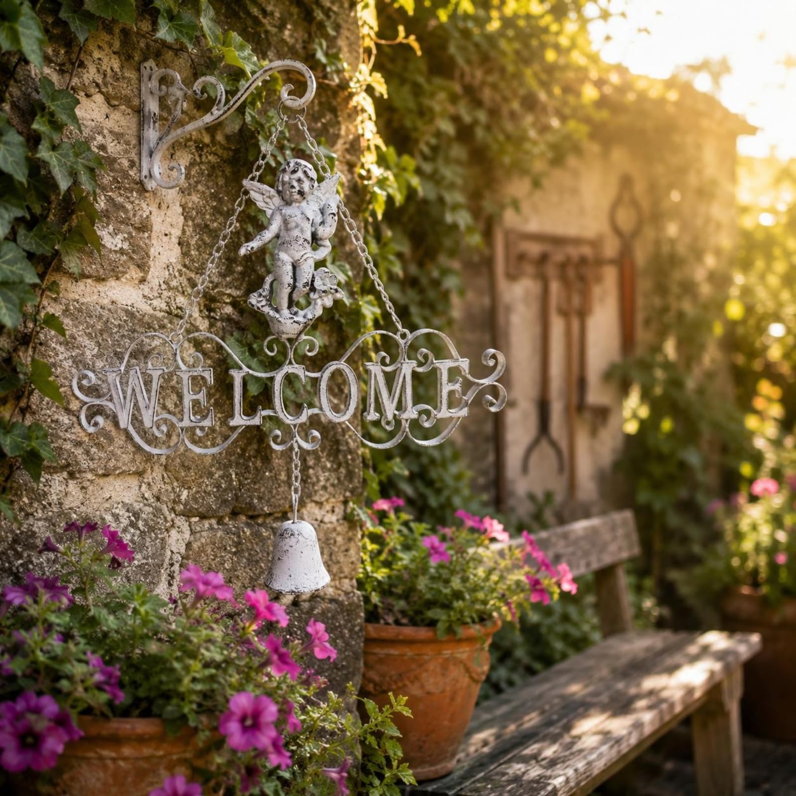 Insegna WELCOME in Ferro Bianco Sbiadito Cartello WELCOME Sospeso Appendibile Cartello Giardino Ferro per Porta, Angelo Vintage