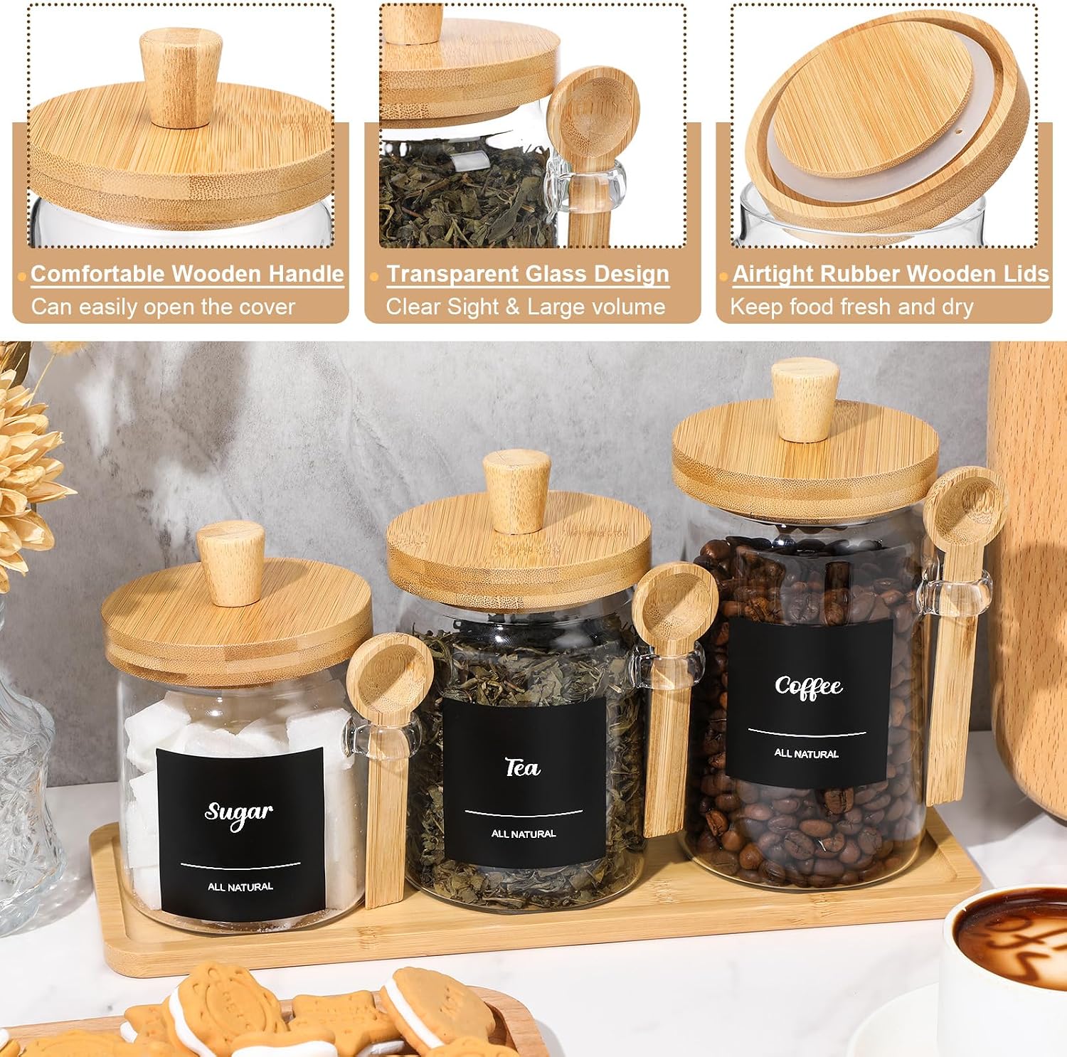 Suclain 3 Pcs Glass Coffee Container with Wooden Lid Spoon Shelf Labels Clear Airtight Jar Food Storage Canister Set for Sugar Spice Coffee Bean Holder Housewarming Gift(13.5,20,25 oz,Natural Bamboo)