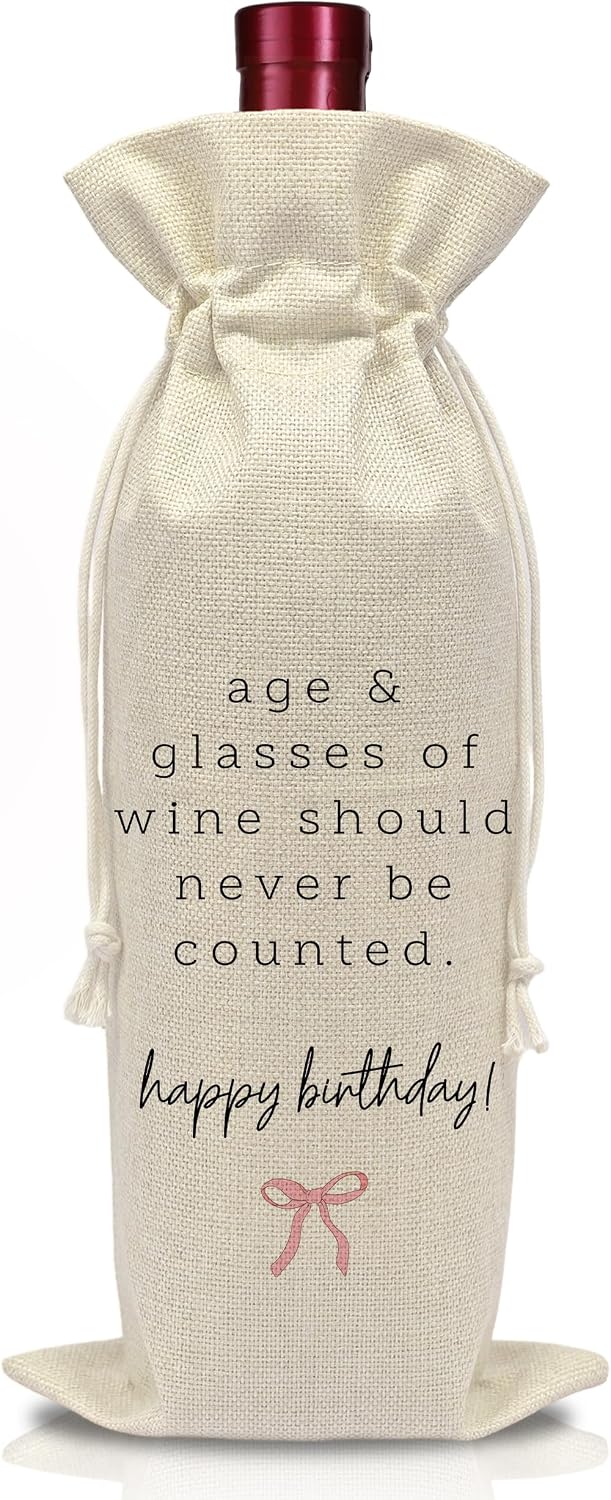 AWSICE Funny Birthday Gift Wine Bottle Bag, Reusable Wine Bags with Drawstring, Meaningful Happy Birthday Present Ideas for Friends, Pink Bow Print, Special Day Party Present-B19