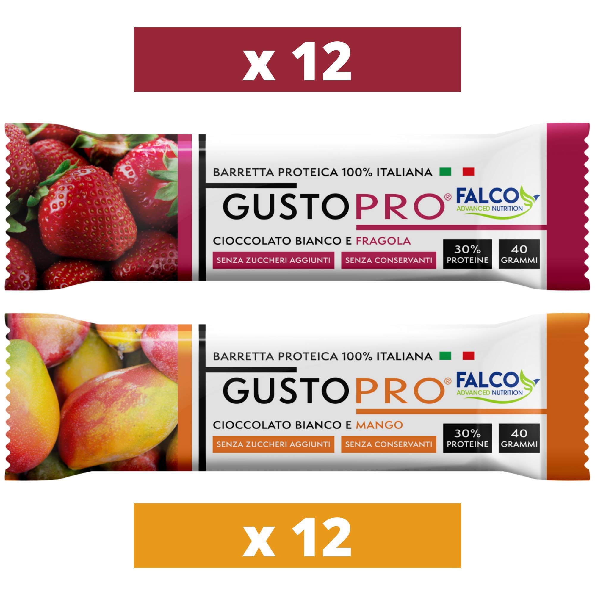 GUSTOPRO - BOX BIANCO (24x40g) – 2 GUSTI (12x gusto) - Barretta Proteica SENZA ZUCCHERO, croccante, 30% PROTEINE Cioccolato Bianco al Maltitolo gusto Fragola e Mango. 100% NATURALE Made in Italy