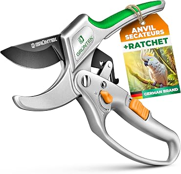 GR NTEK Kakadu Ratchet Secateurs   24 mm Cutting Diameter | On-Off Swivel Ratchet Pruning Shears | Ergonomic Bypass Garden Scissors for Weak or Arthritic Hands   SK5 Blade