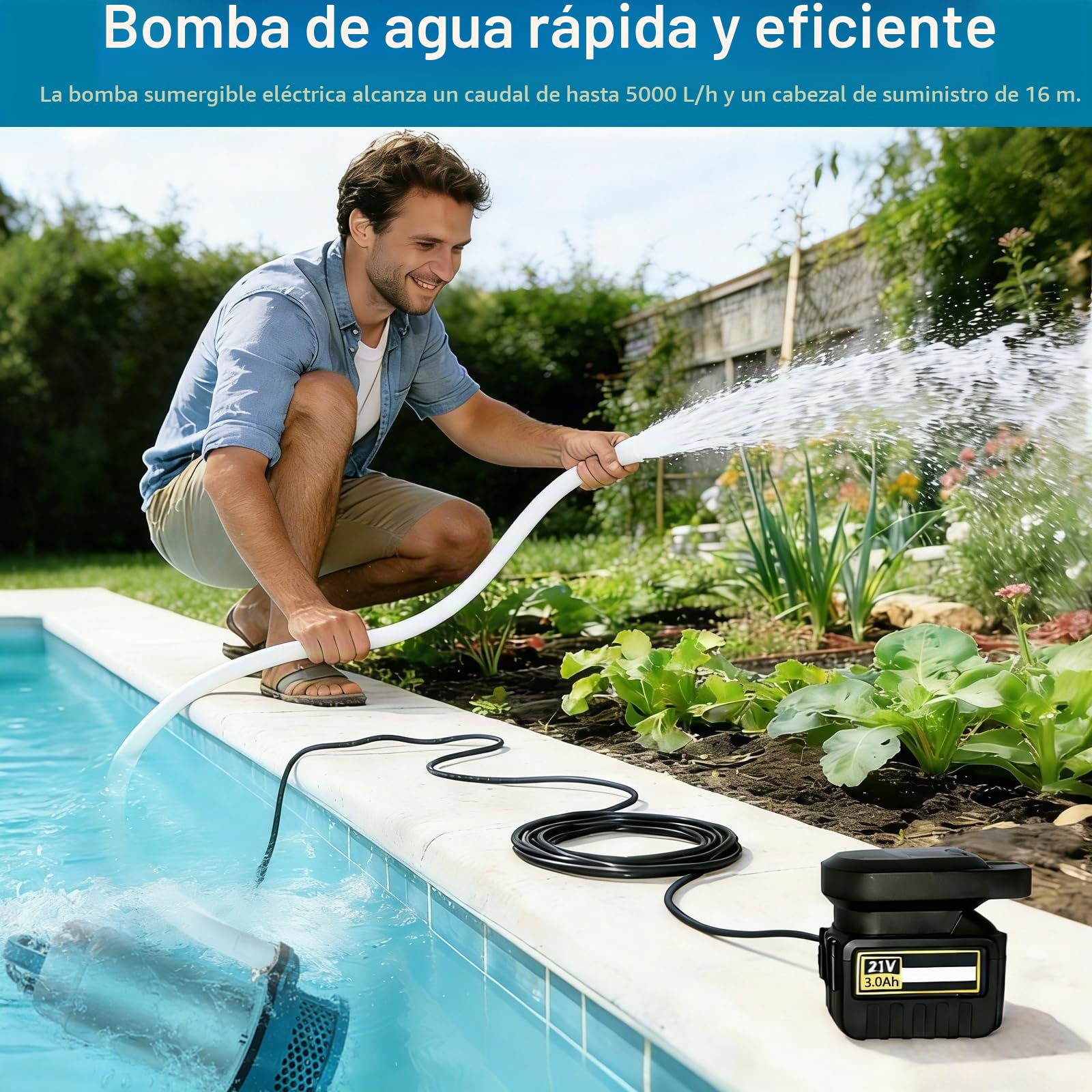 Bomba Sumergible, 5000 L/H Bomba de Agua Sumergible a Batería con Manguera de 10m, Cable de Conexión de 5m,Batería de 21V y Cargador, Ideal para Piscina, Cama de Agua, Riego de Jardines