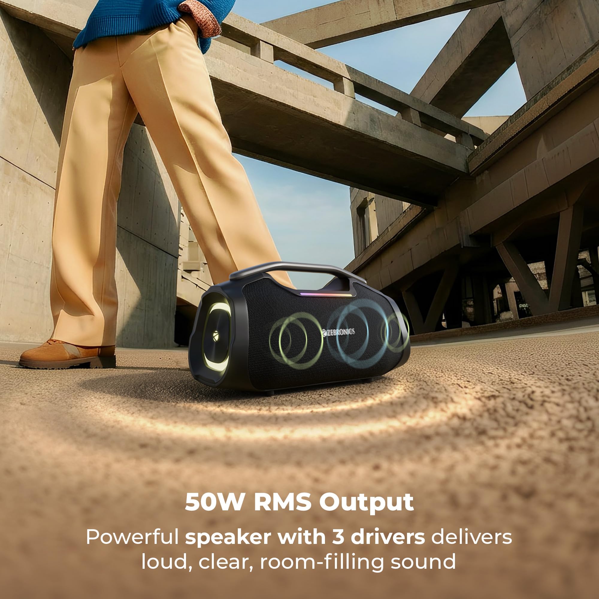 ZEBRONICS 2026 Launch 50W Bluetooth Speaker, Dual 5.7cm Drivers, 8.9cm Subwoofer, Upto 5Hrs Playback, Dual Passive Radiators, RGB Modes, 6.3mm Mic Input, TWS, BT v5.3, Type-C (Sound Feast 450) — Amazon image 2