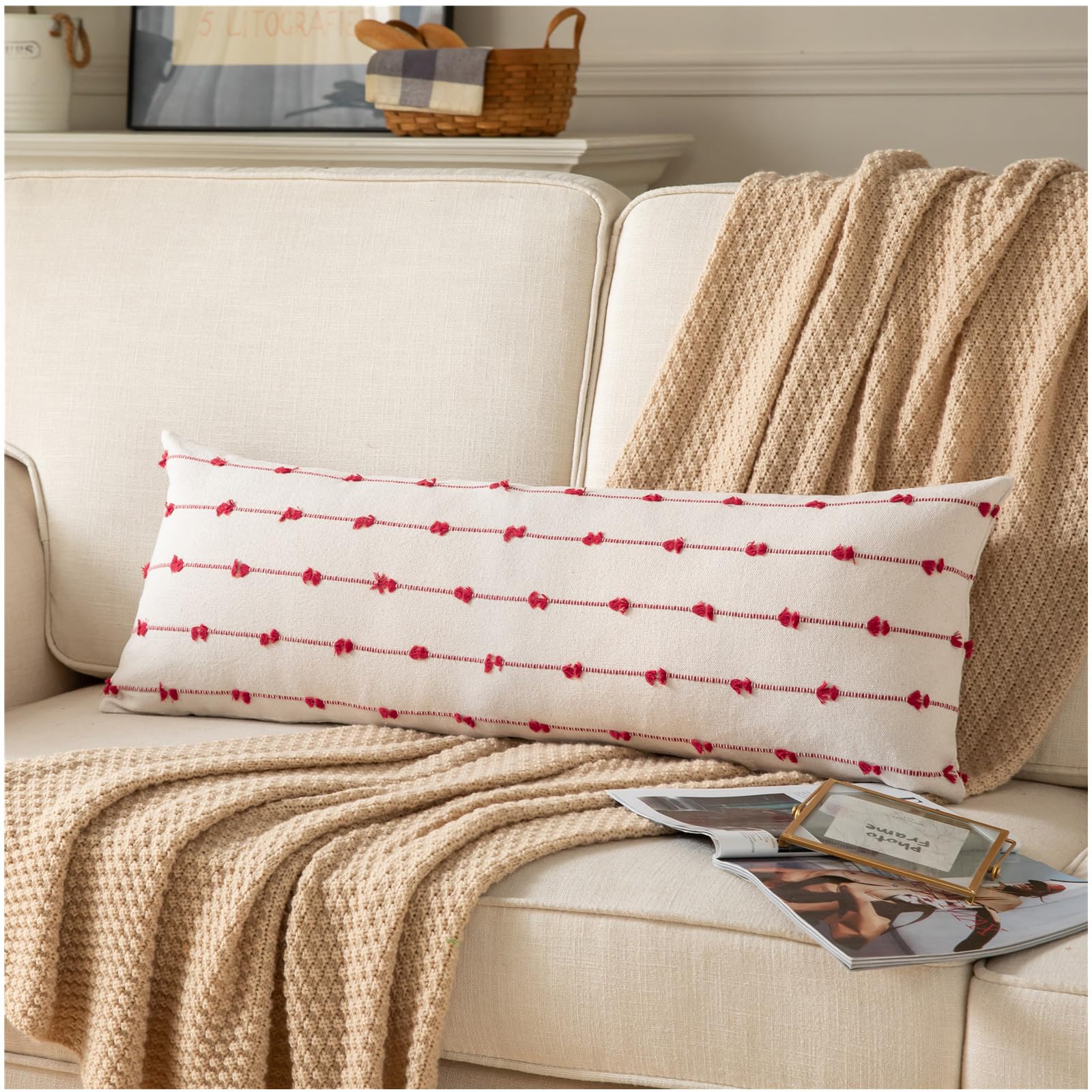 Caflife Boho Christmas Lumbar Pillow Covers 14x36 Long, Farmhouse Decorative Body Lumbar Pillow for Bed and Sofa, Living Room Home Christmas Decor