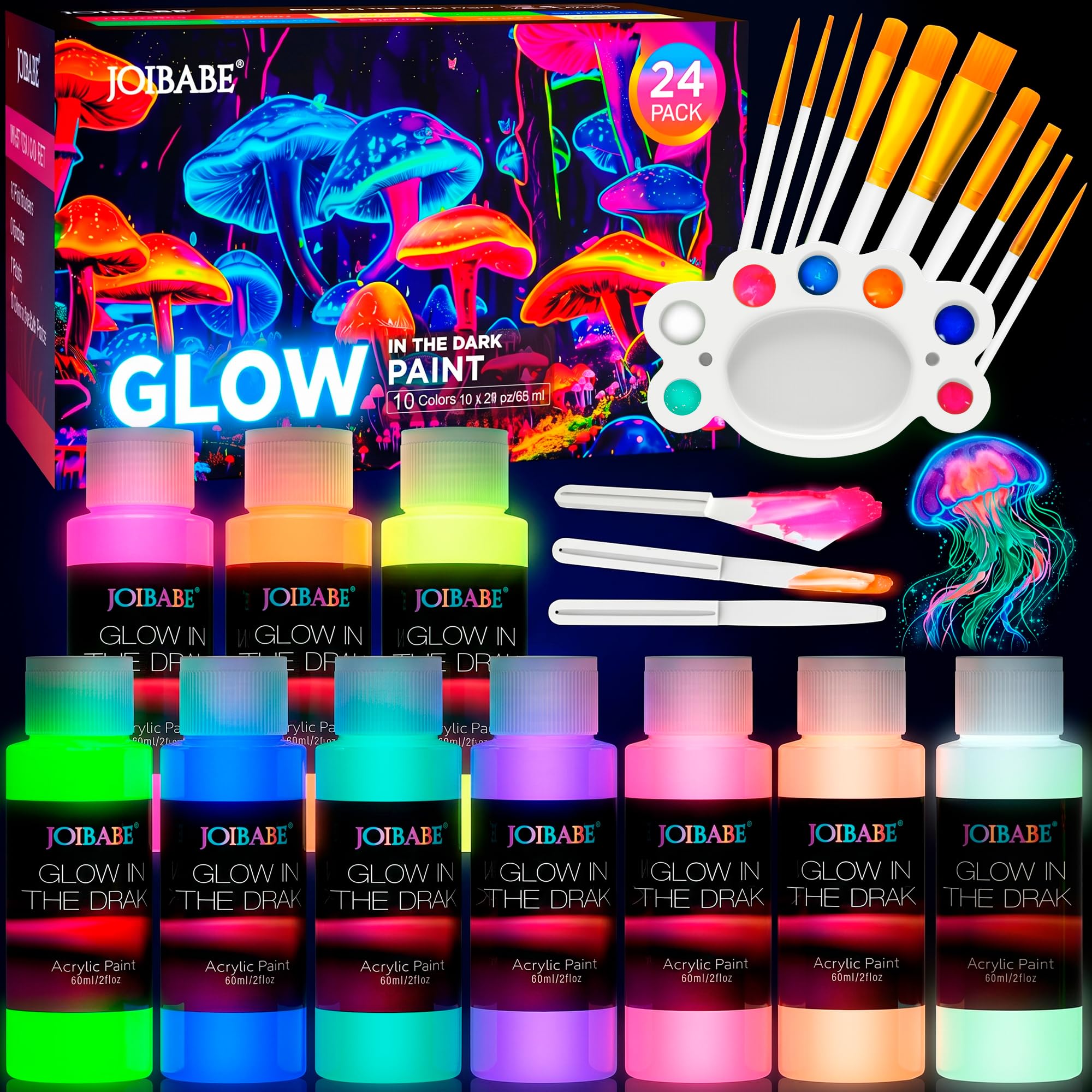 Photo 1 of joibabe Glow in the Dark Acrylic Paint Set, 10 Colors