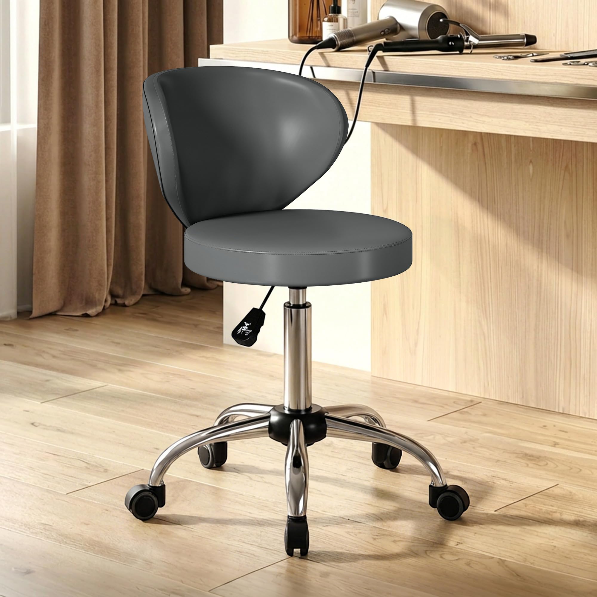 HOMCOM Tabouret à roulettes, Tabouret de Massage en PU avec Hauteur réglable 73-88cm et Dossier, Chaise de Travail pivotant 360°, Cadre en Acier, pour Salon de Massage, Tatouage, Clinique, Spa, Gris