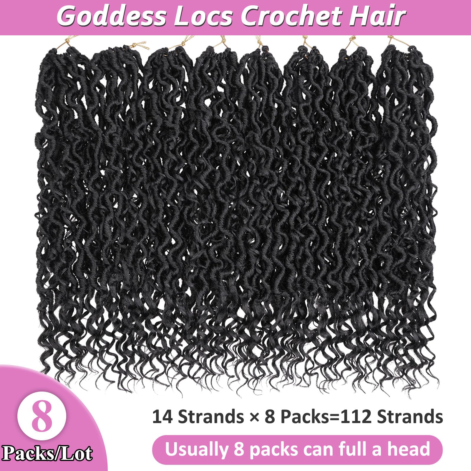 Häkelhaar, Göttin, Naturschwarz, 25,4 cm, 8 Packungen, vorgeschlungenes Kunsthaar, Bohemian-Locs, Häkelzöpfe mit lockigen Enden, für Damen, 25,4 cm, 8 Packungen (#Schwarz)