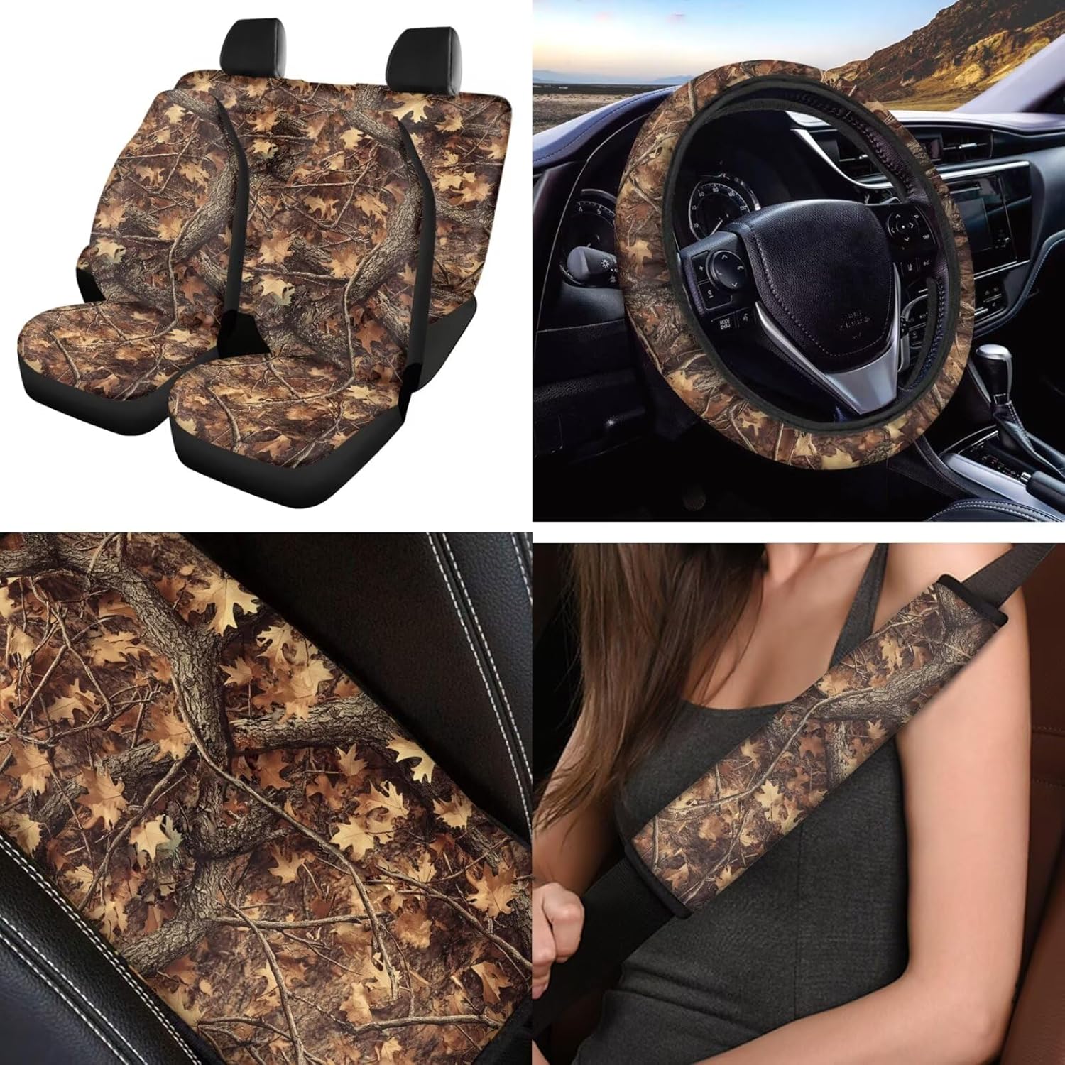 Camo Hunting 12 Pcs Car Seat Covers with Steering Wheel Cover,Seat Belt Covers Cup Holder with Keychain Automotive Protector Set Unverisal Fit Cars SUV
