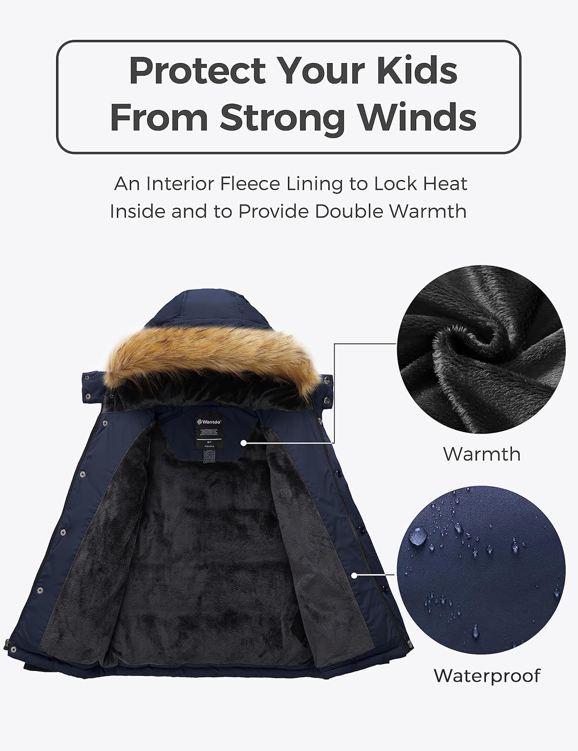Wantdo Boys' Winter Coat Warm Puffer Coat Waterproof Winter Jacket with Faux Fur Hood - Image 5