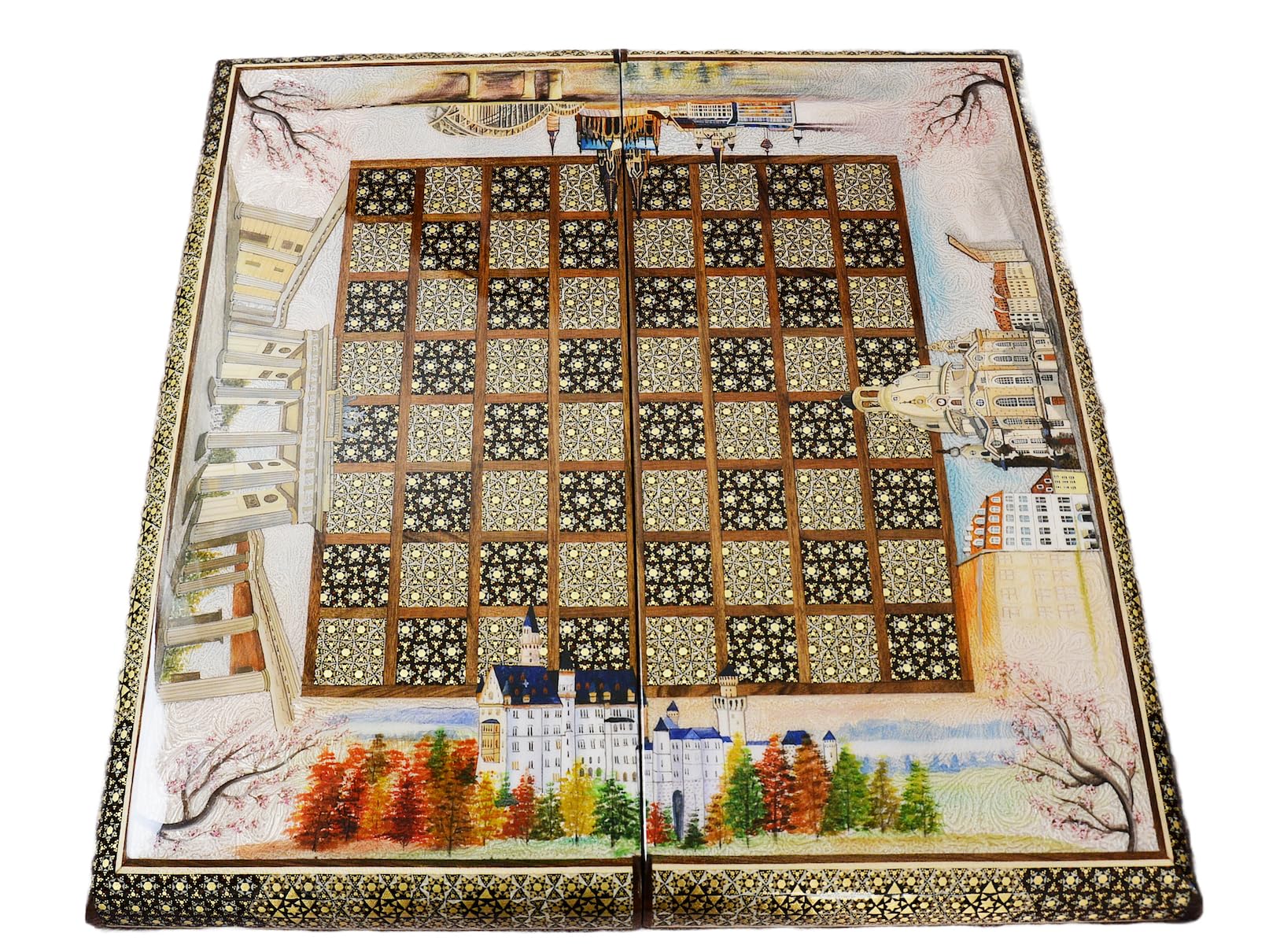 Sammelung von Backgammon-Schachbretter, Handgefertigt aus Holz, Intarsien-Design, handbemalt, Inklusive Schutzkoffer, Würfel & Spielsteine aus Holz, 50 x 50 cm, 3,5 kg (Premium Dom, Neuswanstei, 01)