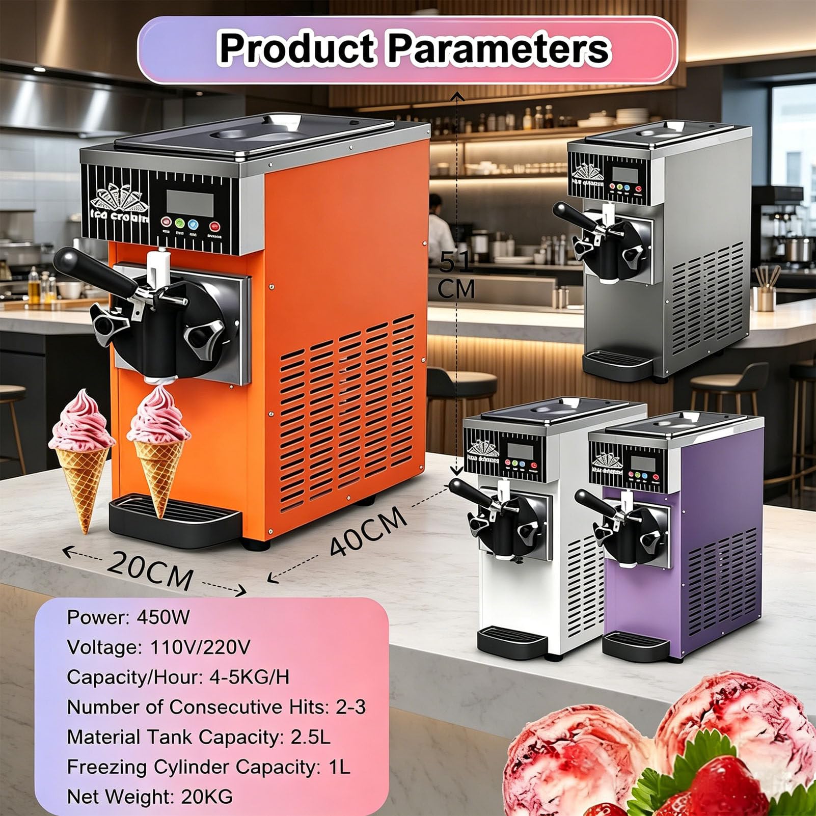Machine à Glace à l'italienne Professionnelle, Machine à Glace Artisanale, Production de Glace à l'italienne 4-5 kg/h, écran LCD, idéale pour yaourts glacés, cafés CreamWhite
