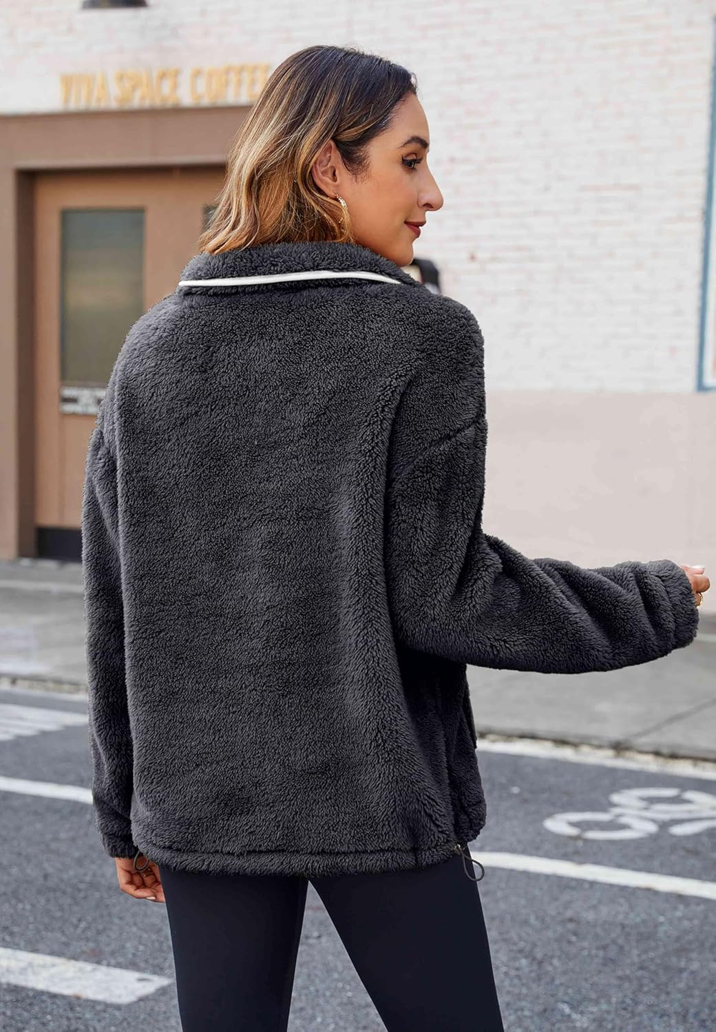 Neineiwu Womens Half Zip Fleece Pullover Fuzzy Oversized Sweatshirts Sherpa Polar Long Sleeve Hoodies With Pockets - Image 3