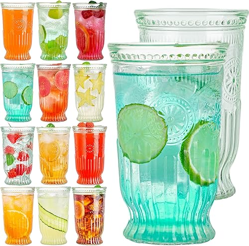 Vasos para beber vintage, 12 vasos altos con diseño en relieve, vasos de vidrio de 16 onzas, vaso de vidrio de agua alto, taza de mojito, copa de
