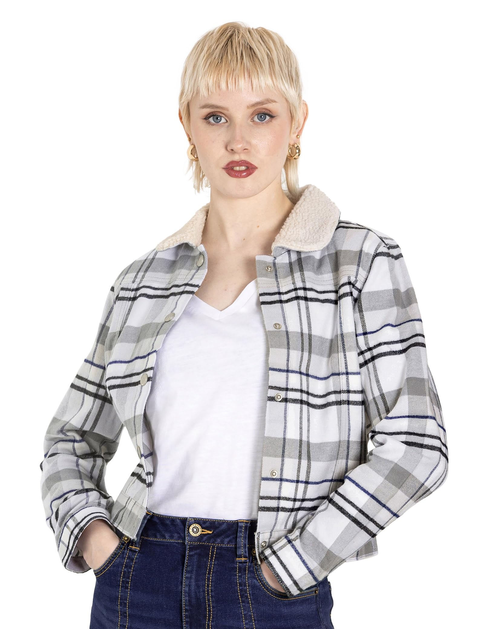 Enorsia Women's White Plaid Check Borg Collar Shacket - Uk 16