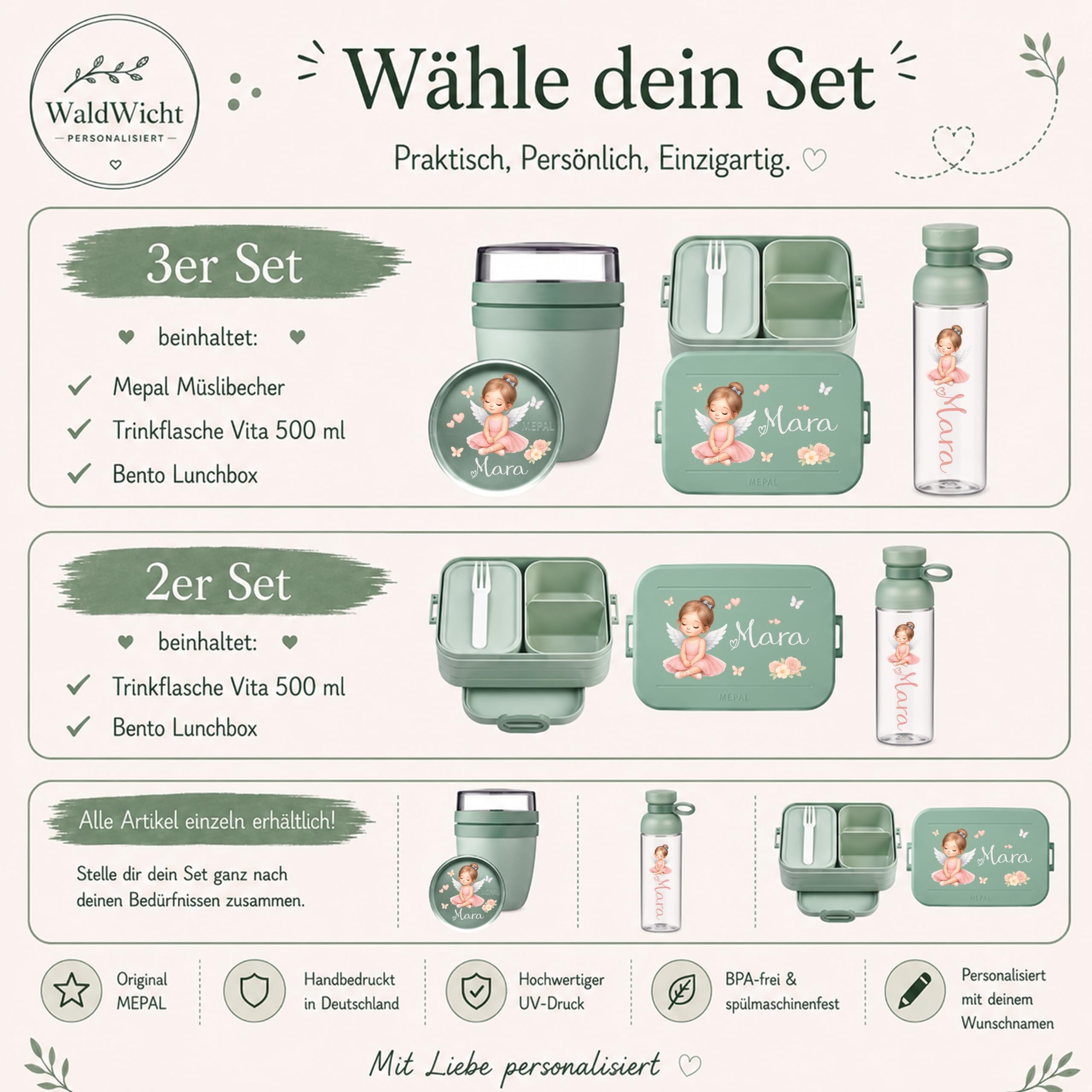 Mepal Personalisierte Brotdose Trinkflasche | Ballerina Tänzerin Mädchen | Geschenk Einschulung Mädchen Junge Kitastart Schule Schulanfang Lunchbox Flasche Bento Box Vesperdose Kindergarten Schulkind