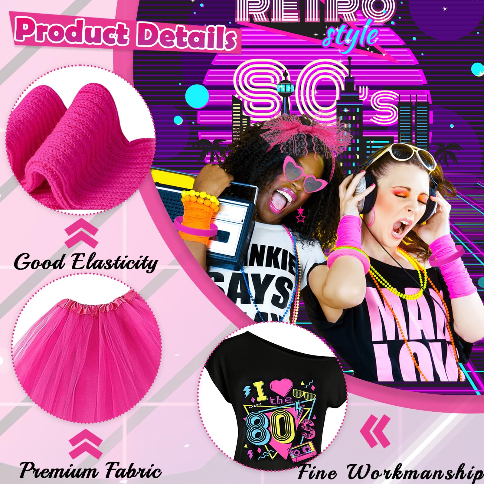 Costume anni '80, accessori per abiti da discoteca, luci al neon anni '90, t-shirt, tutu, bracciale, marsupio, occhiali, braccialetto, collane, scaldamuscoli, donne, outfit, anno, tema, festa