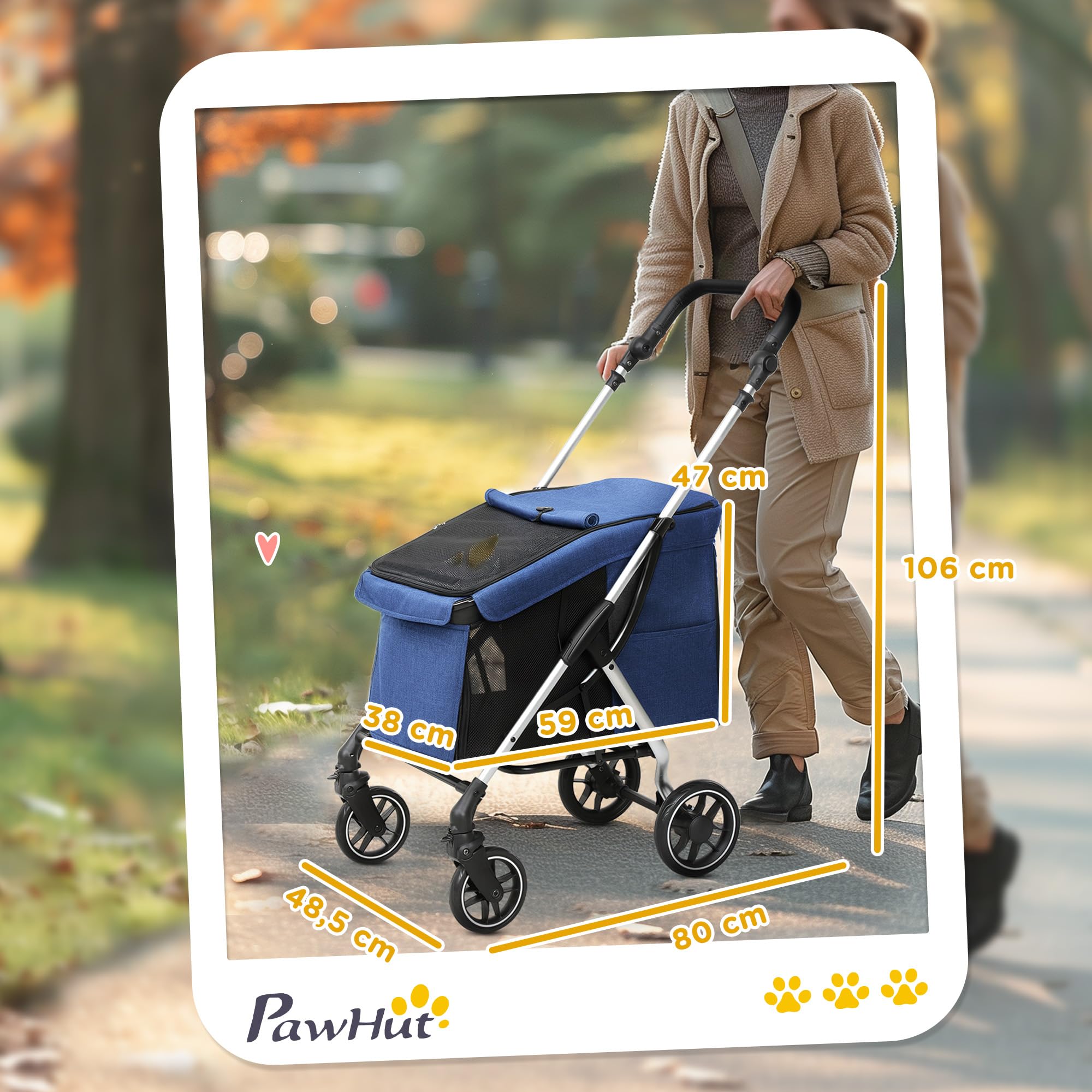 PawHut Hundewagen leicht Hundebuggy aus Aluminium klappbar für Hunde & Katzen Katzenbuggy mit Kissen Netzfenstern Türen Aufbewahrungskorb Katzenwagen Mini-Hundewagen für kleine Hunde Dunkelblau