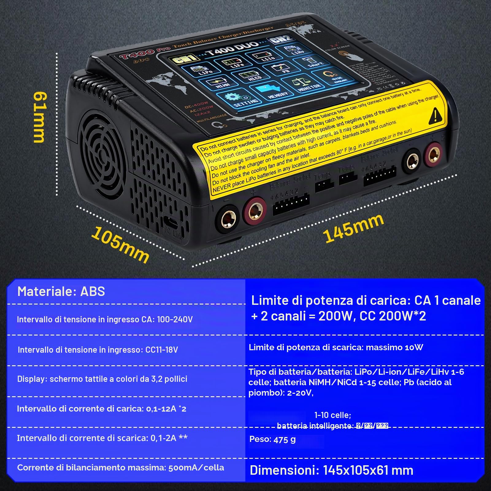 BuyWeek T400 PRO RC Caricabatterie Bilanciamento AC200W/DC400W 12A carica batteria per auto 3,2 pollici touch screen caricabatterie litio alta precisione per LiPo/Lilon/LiFe/NiMH/NiCd/PB/NiMH