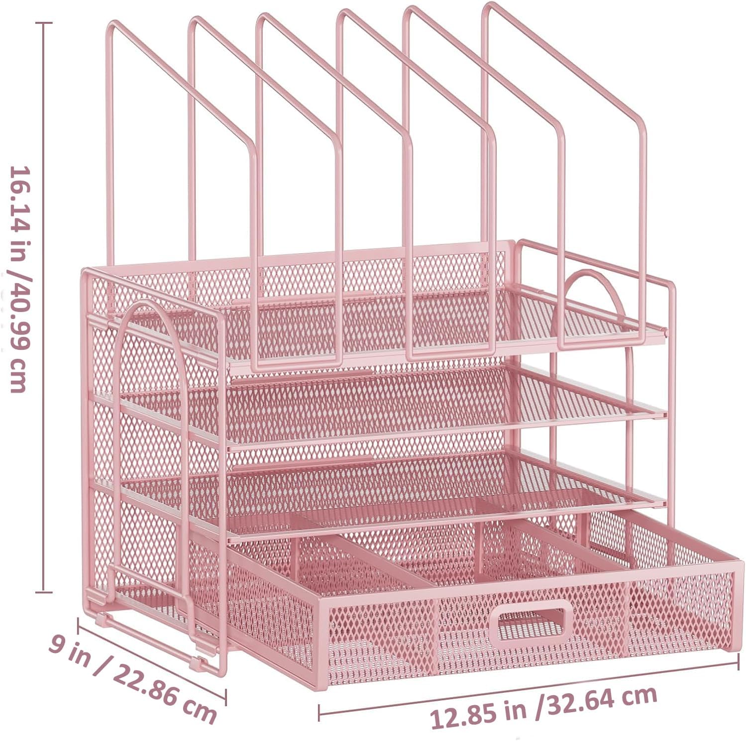 Marbrasse Desk Organiser Tray,4 Tier Paper Letter Tray Organiser with Drawer,2 Pen Holders,Mesh Desktop Organizer Storage for Home Office Supplies(Pink Vertical Stand) 6 81LVSaprgAL. AC SL1500