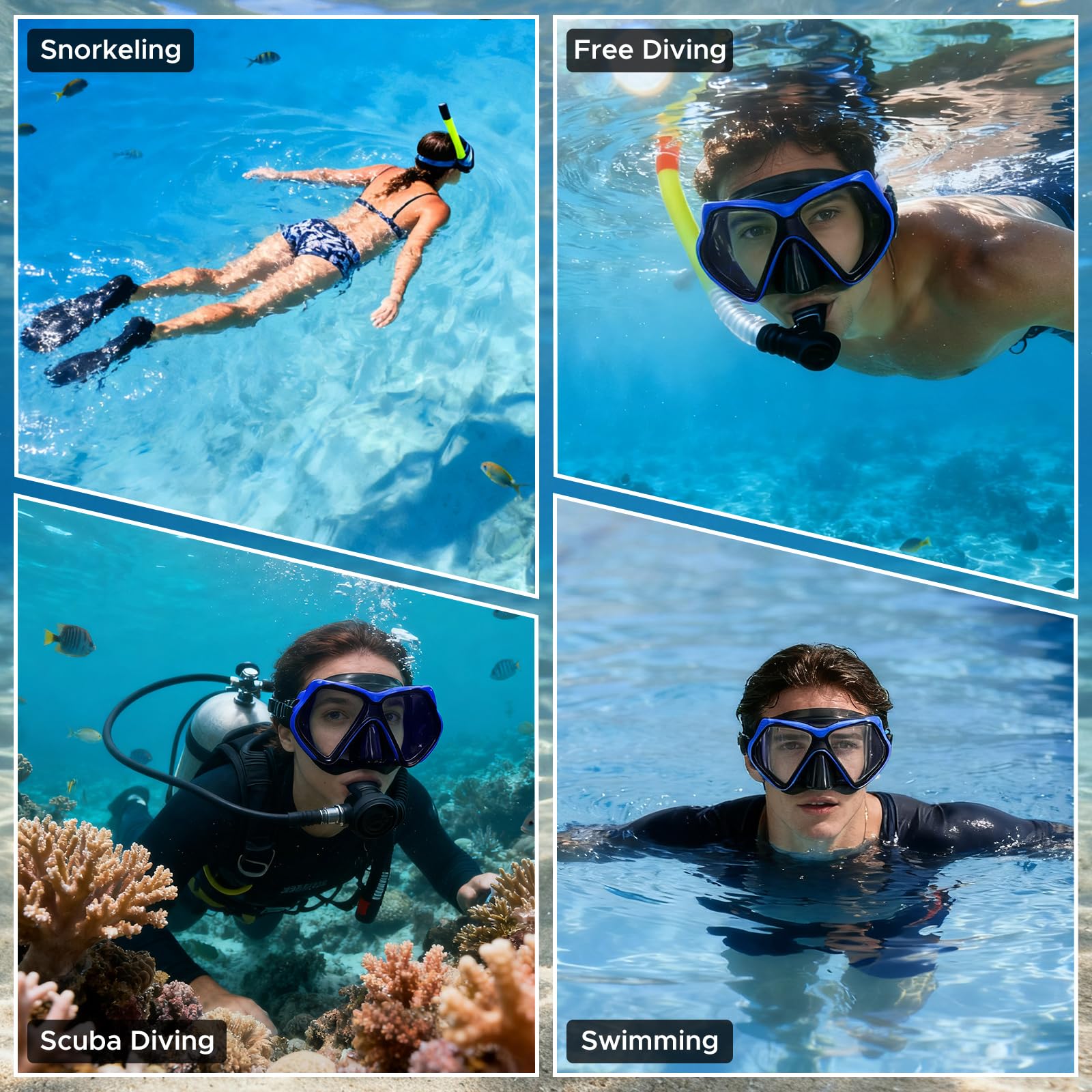 Erwachsene Tauchmaske, Schnorchel-Tauchmaske, Schwimmbrille mit Nasenabdeckung, Panorama-HD-gehärtetes Glas, Tauchen, Schwimmen, Schnorcheln, Ausrüstung, Freitauchen, kein Auslaufen, Anti-Beschlag