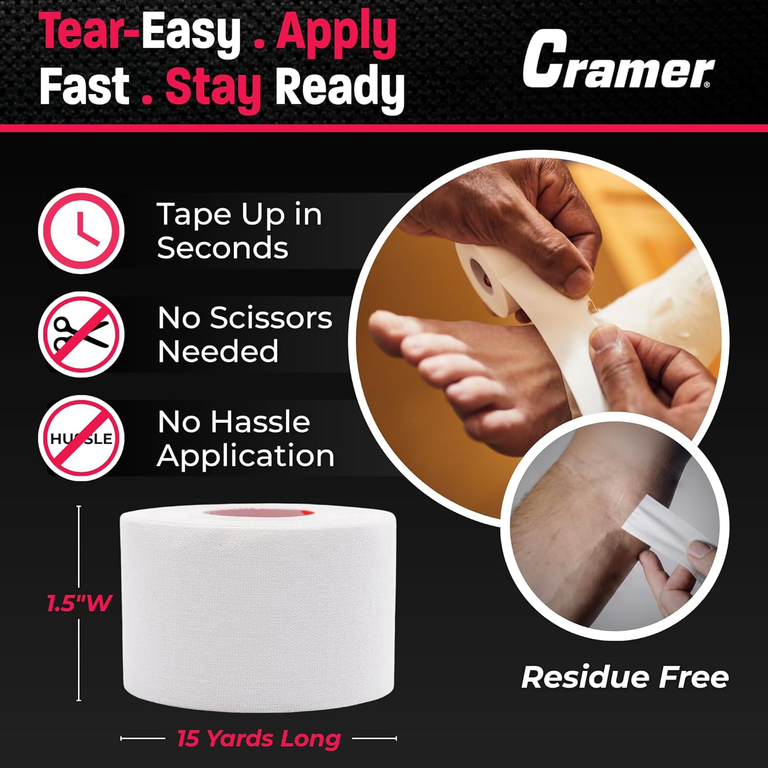 Cramer Team Color Athletic Tape, White, Latex-Free, 1.5" x 15yds, 32 Roll Bulk Case, Tearable Sports Tape for Wrists, Ankles, Baseball, Training, Strong Athletic Wrap for Athletes & Trainers