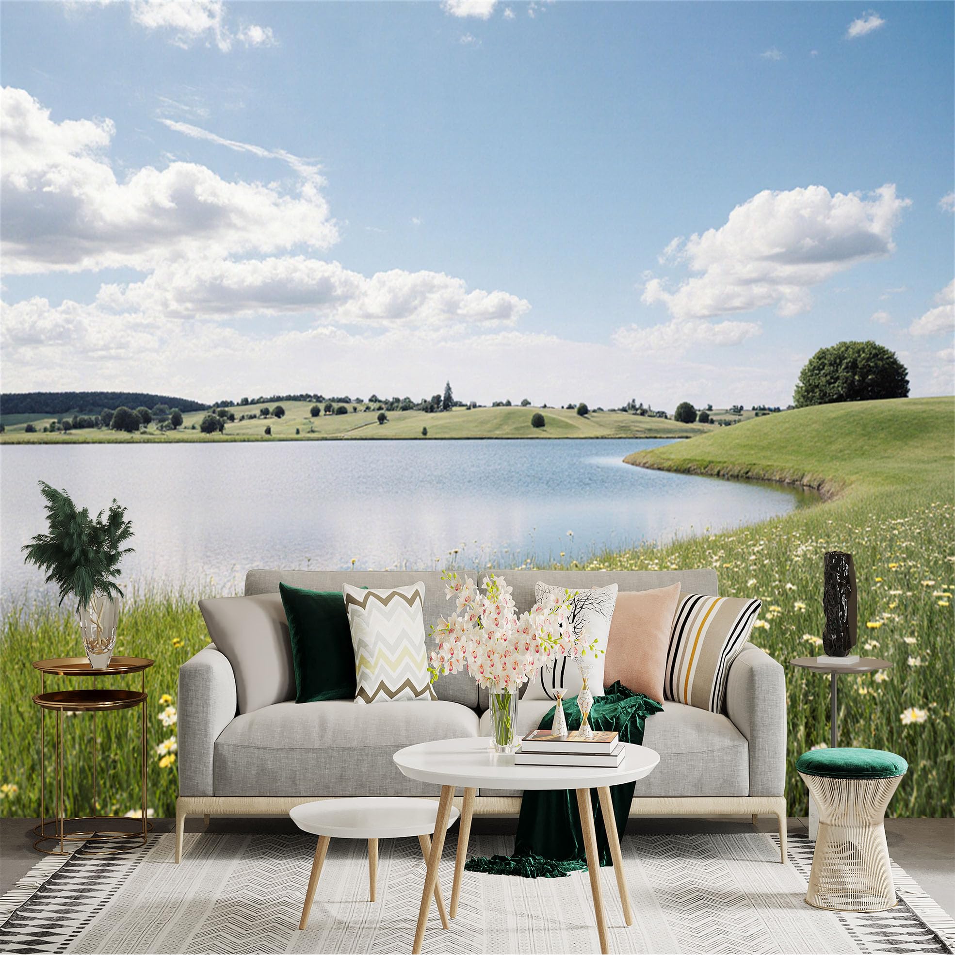 Lnzczhyre Xc260505942 Custom Size Wall Sticker Mural， Serene Lake With Rolling Hills， Sunny Meadow Landscape， Spring Nature Scenery， For Wall Decoration， Peelandstick Wall Decals.