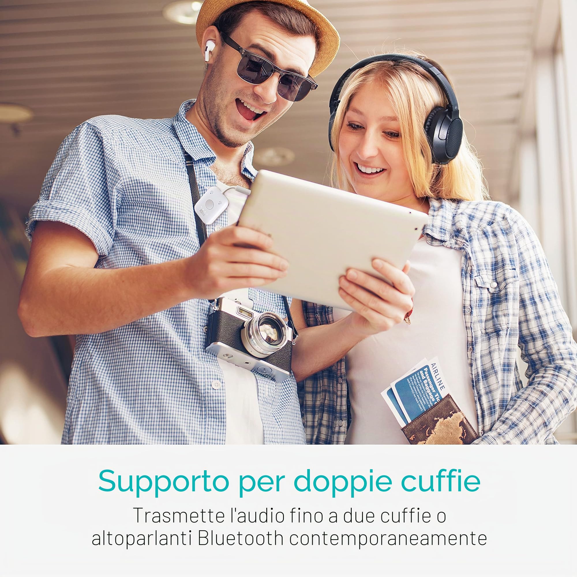 MEE audio Connect Air - Trasmettitore Audio Wireless Bluetooth per Cuffie, 2 Dispositivi, Audio Stereo Senza Fili: Utilizzalo su Aerei, TV, Palestra, Console, e Altro Ancora, Bianco